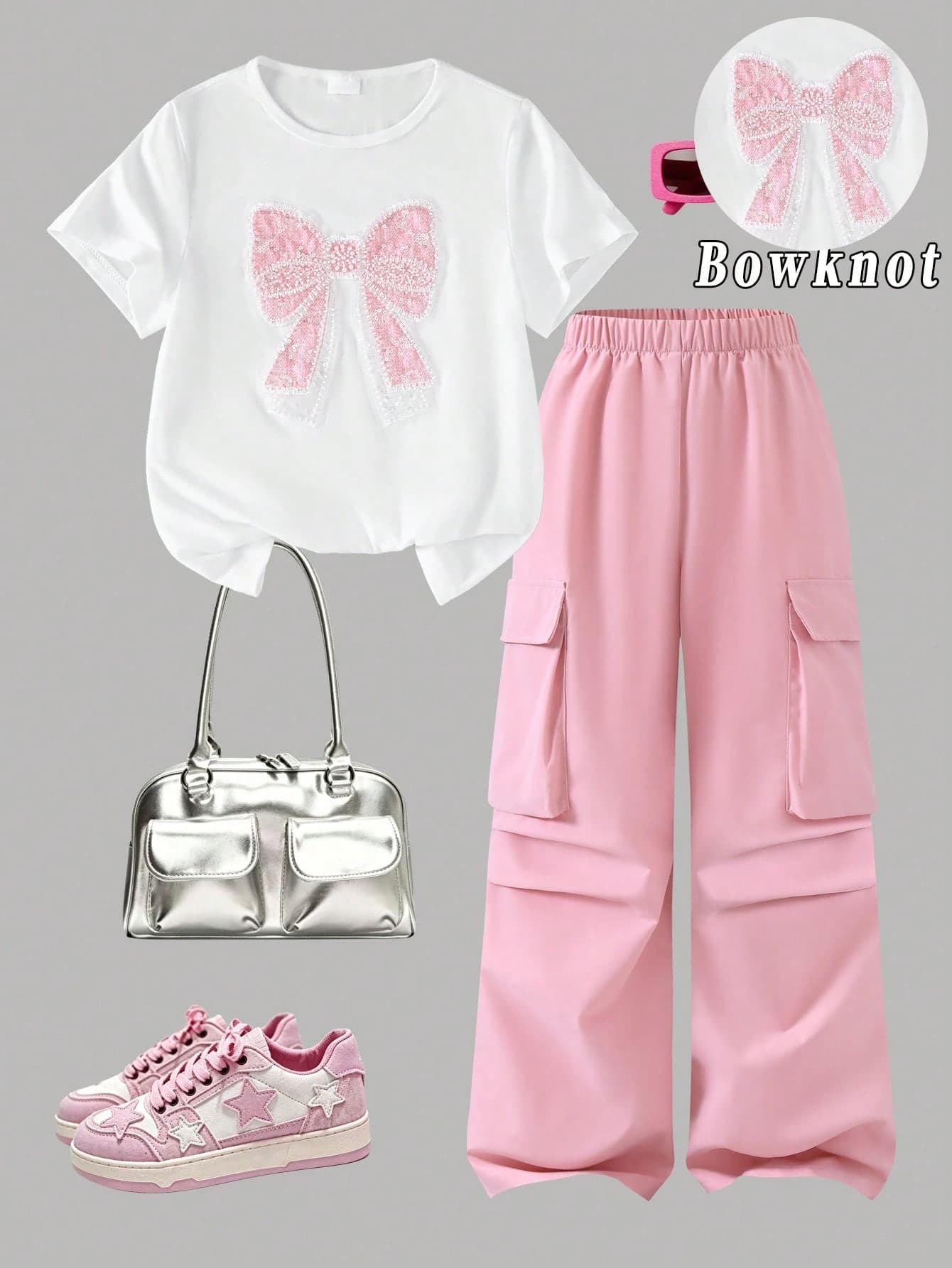 SHEIN Tween Girls' Summer Casual T-Shirt Set, Bow Embroidery Pattern Round Neck Short Sleeve T-Shirt And Cargo Long Pants 2-Piece Set, Suitable For Spring/Summer Cool Fashion Outfits