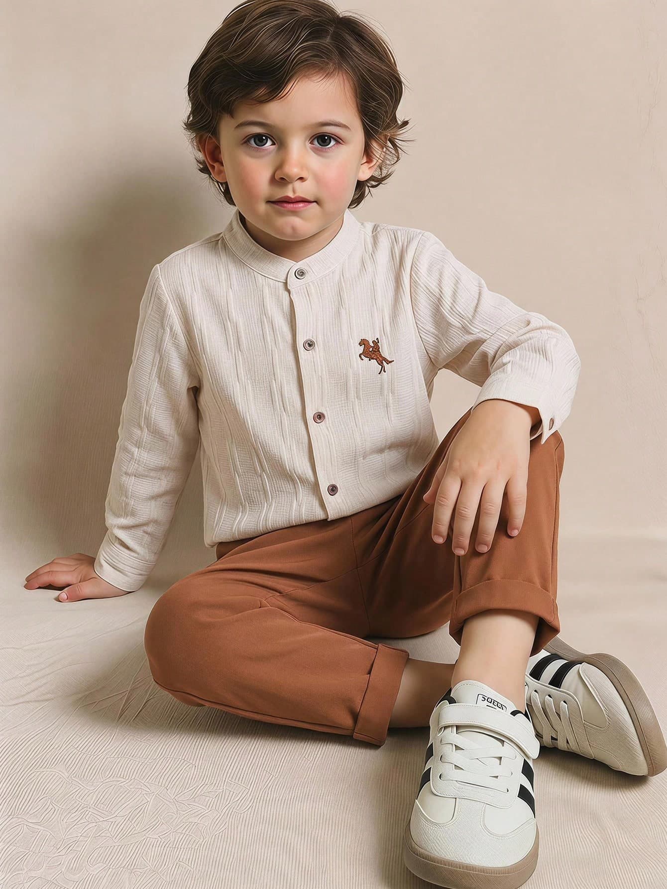 PrepCrw 2pcs Kids Boys Casual School Style Loose Fit Apricot Long Sleeve Shirt With Embroidery Decor And Brown Pants Set, Suitable For Daily Wear, Outings