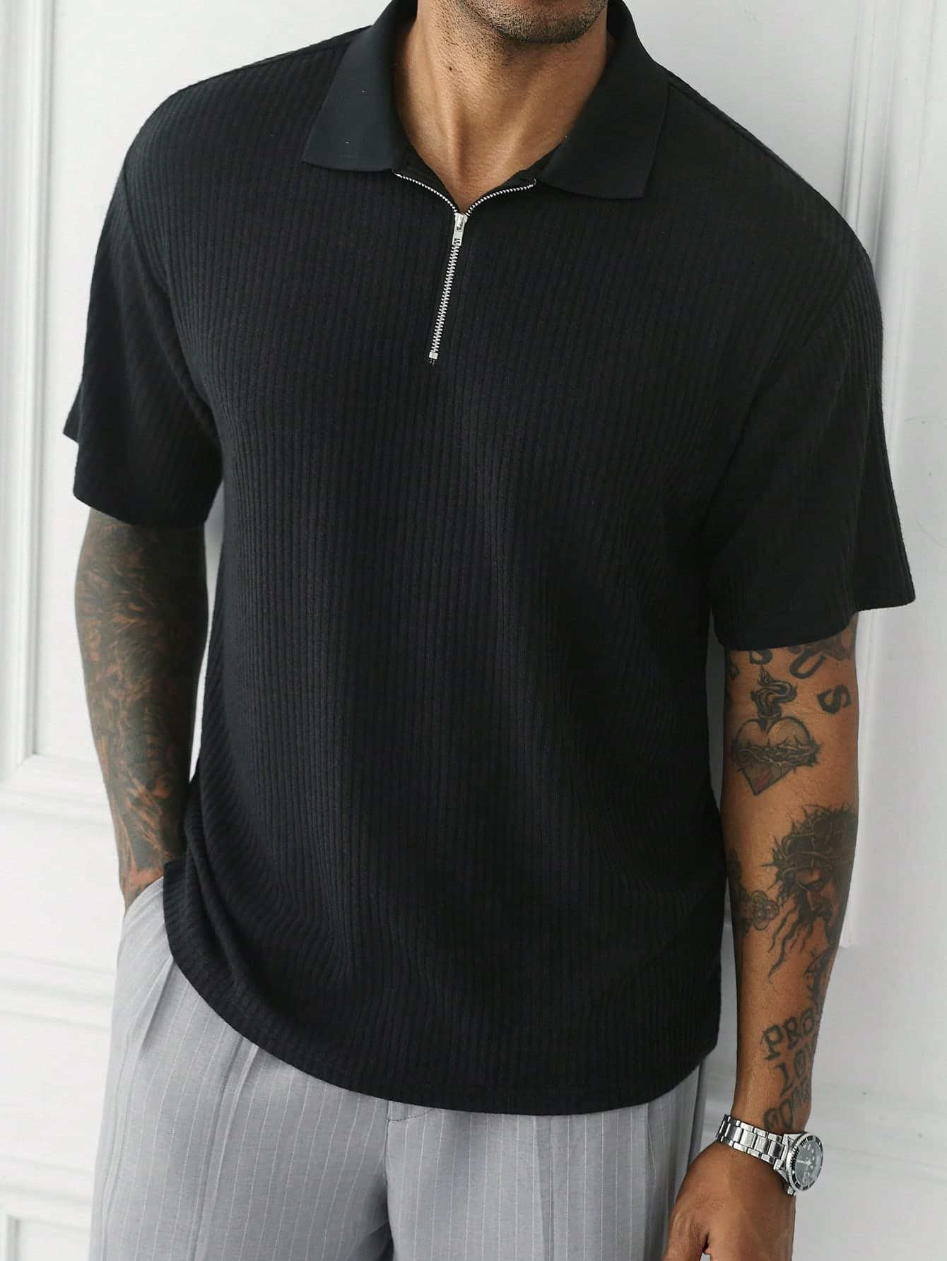 HUEFORM Men's Mature Style Knit Ribbed Texture Half-Zip Casual Commute Refined Summer Short Sleeve POLO Shirt