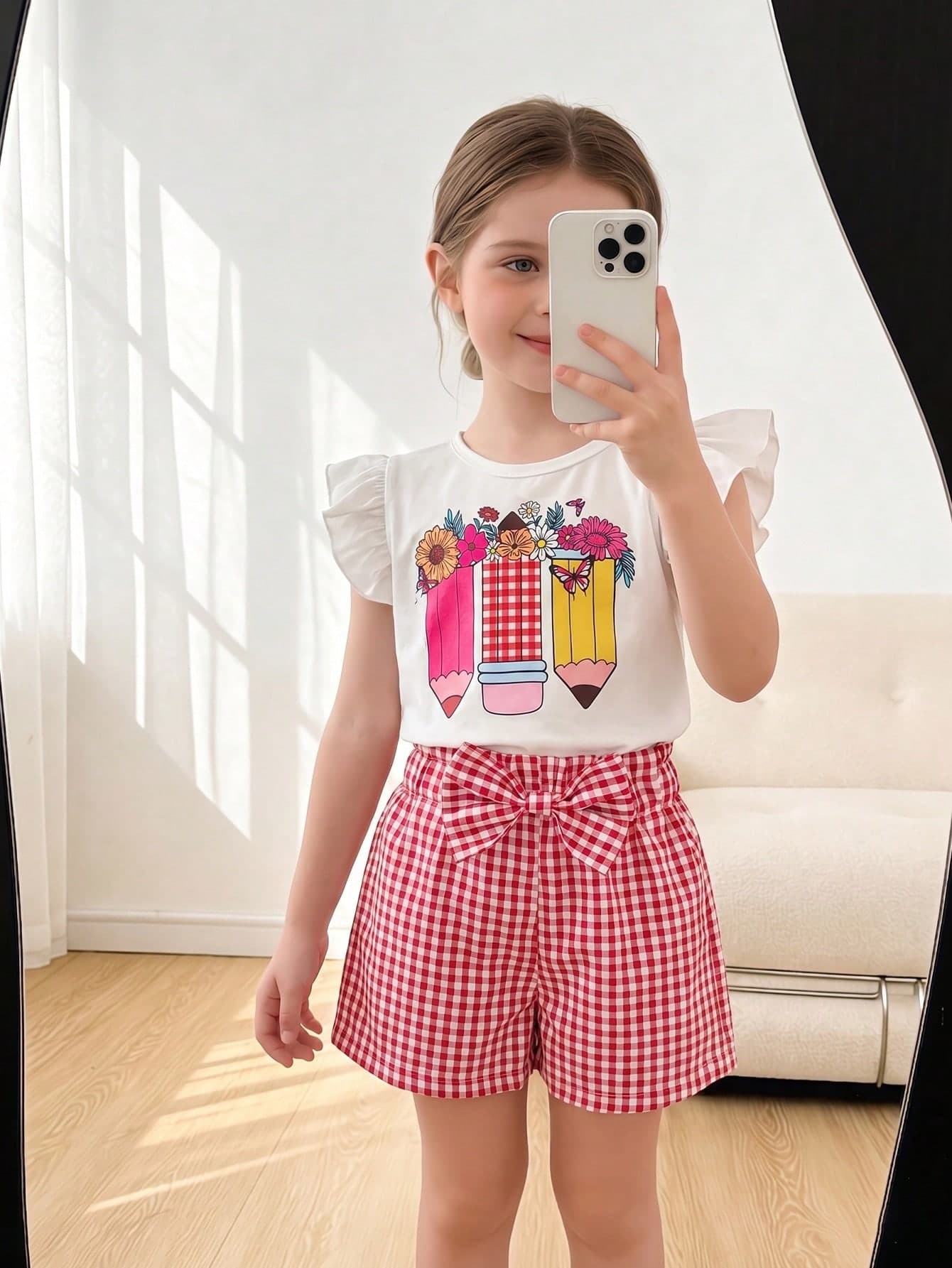 SHEIN 2pcs Young Girl Energetic Pastoral Floral Print Flutter Sleeve Top + Red And White Plaid Shorts Set, Suitable For Summer Picnic, Park, Amusement Park, Vacation