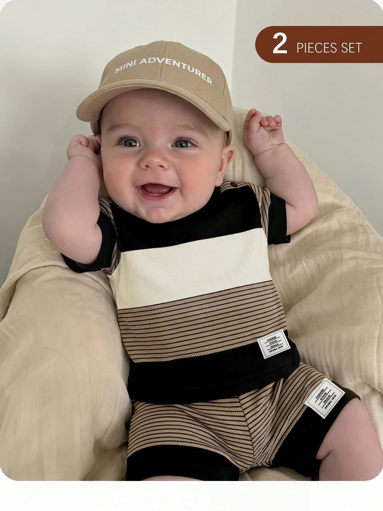 2pcs/Set Newborn Baby Boy Girl Clothes,Black And White Striped Summer Cute Vacation Infant Outfits,Neutral Brown Casual Aesthetic Daily Wear Sets