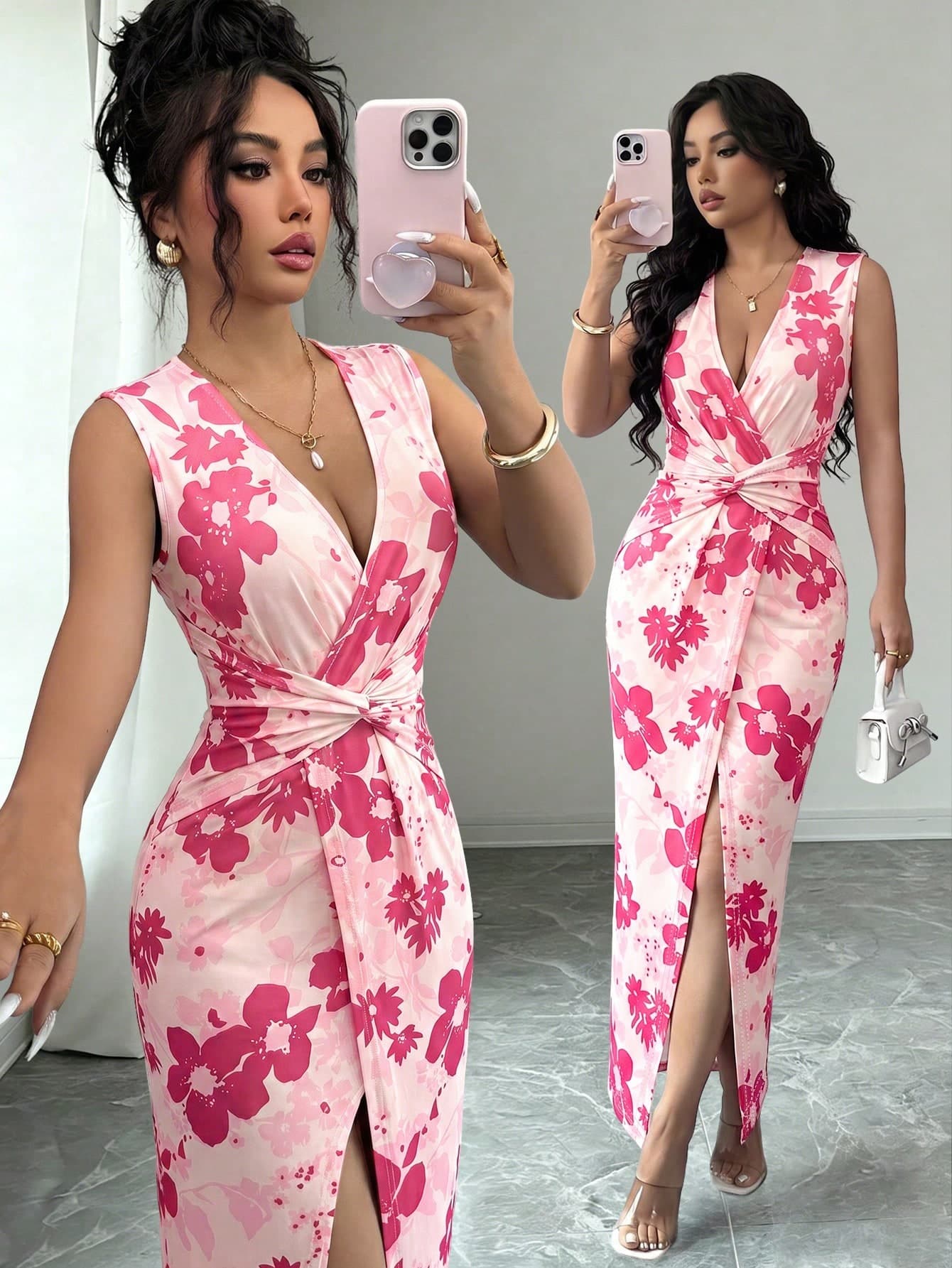 SHEIN Raffinéa 2026 Hot-Selling Elegant Party Dress, V-Neck Twisted Waist Sleeveless Slit Dress, Suitable For Spring, Summer, Autumn, Winter All Seasons, Birthday Party, Gathering, Date, Vacation Dinner And Other Occasions, Showcasing Elegant New Romantic Floral V-Neck Slit Twisted Waist Dress