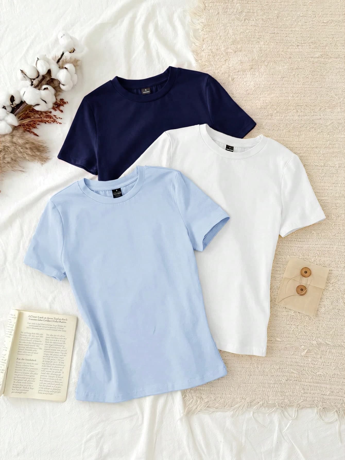 Tseoso 3pcs/Set Casual Simple 95% Cotton Women's Crew Neck Fitted Long Short Sleeve T-Shirt Set