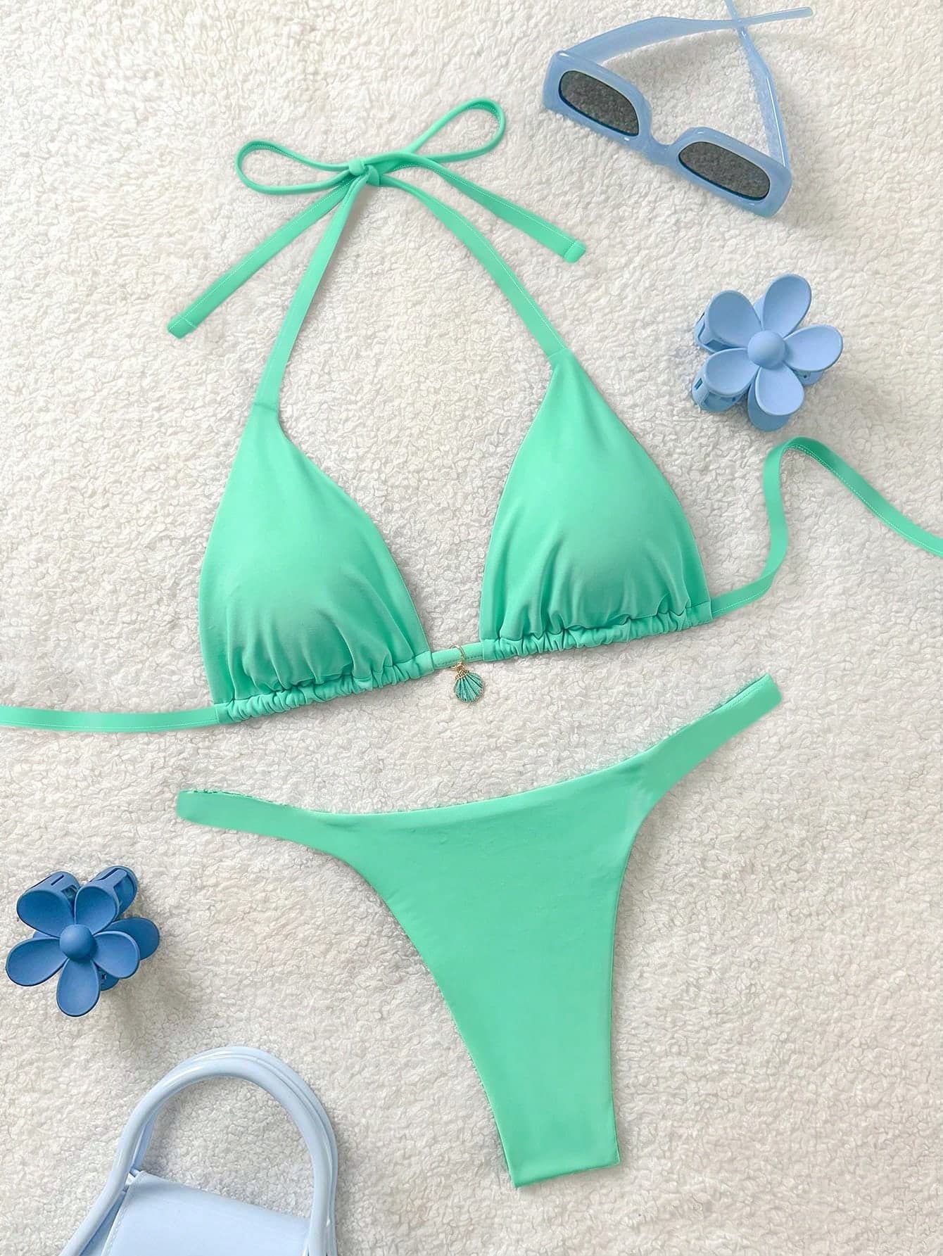 Soleia Plus Size Women's Solid Color Halter Tie Sexy Bikini And Triangle Panty Swimwear Set Beach Outfits Bathing Suits