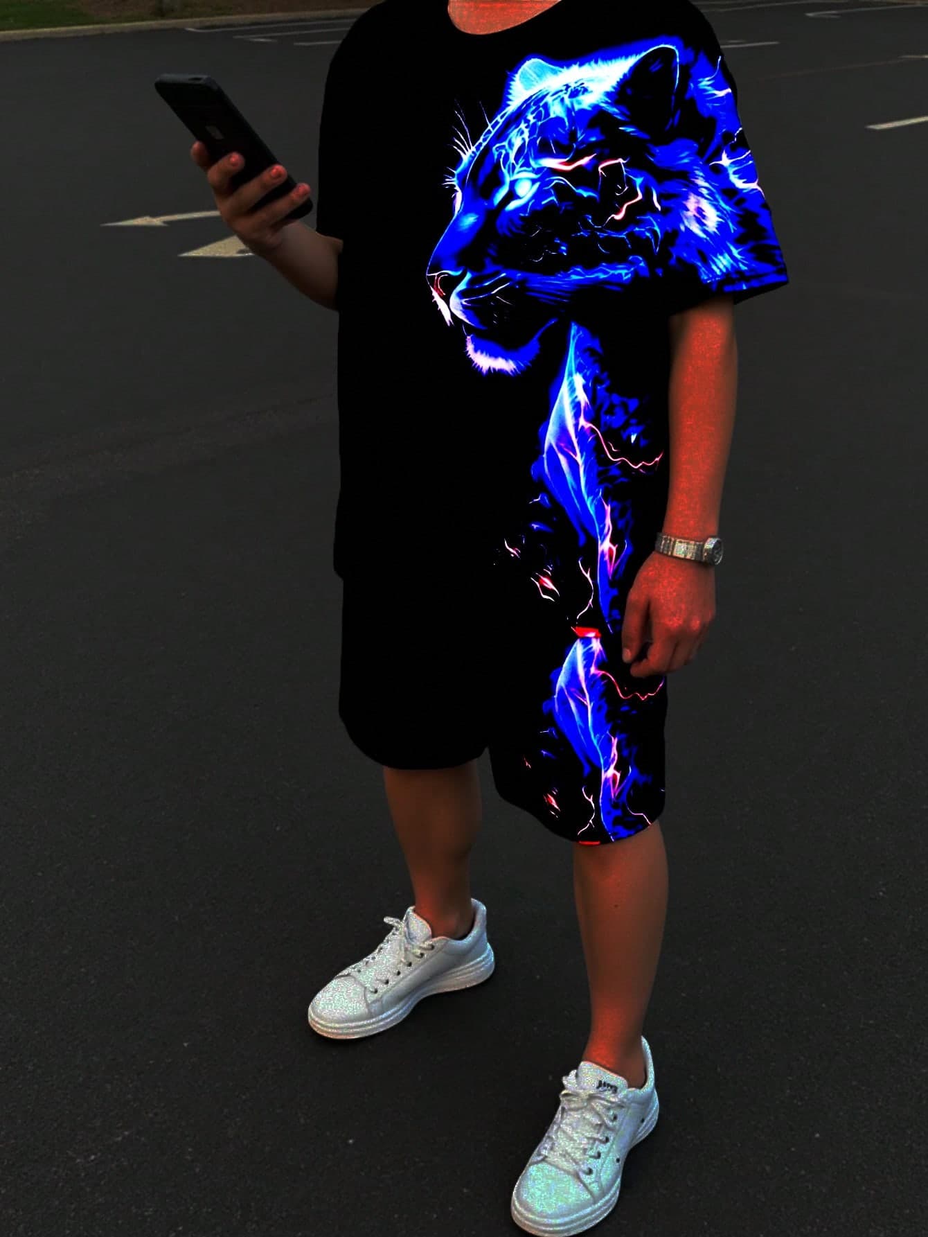 SHEIN 2pcs/Set Teens Boy Casual Vision Fluorescent Animal Patterns Short Sleeve Crew Neck Outfit, Suitable For Summer Boys 2 Piece Set Tween Boy Short Sets Boys Summer Sets Boys Graphic Tee And Shorts Set Boys Outfit Set Suitable For Spring/Summer , Daily Wear, Sports, Outings, School, Parties, Festivals, Photoshoots