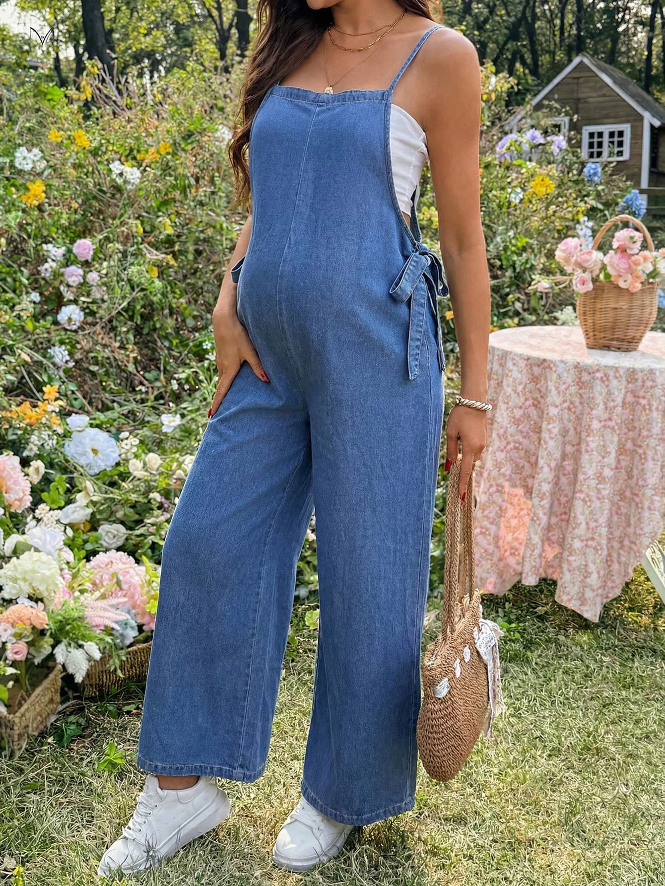 SHEIN Maternity Side Knot Casual Denim Strapless Jumpsuit Vacation Outfits Women Blue Overalls For Pregnant Women Travel Clothes
