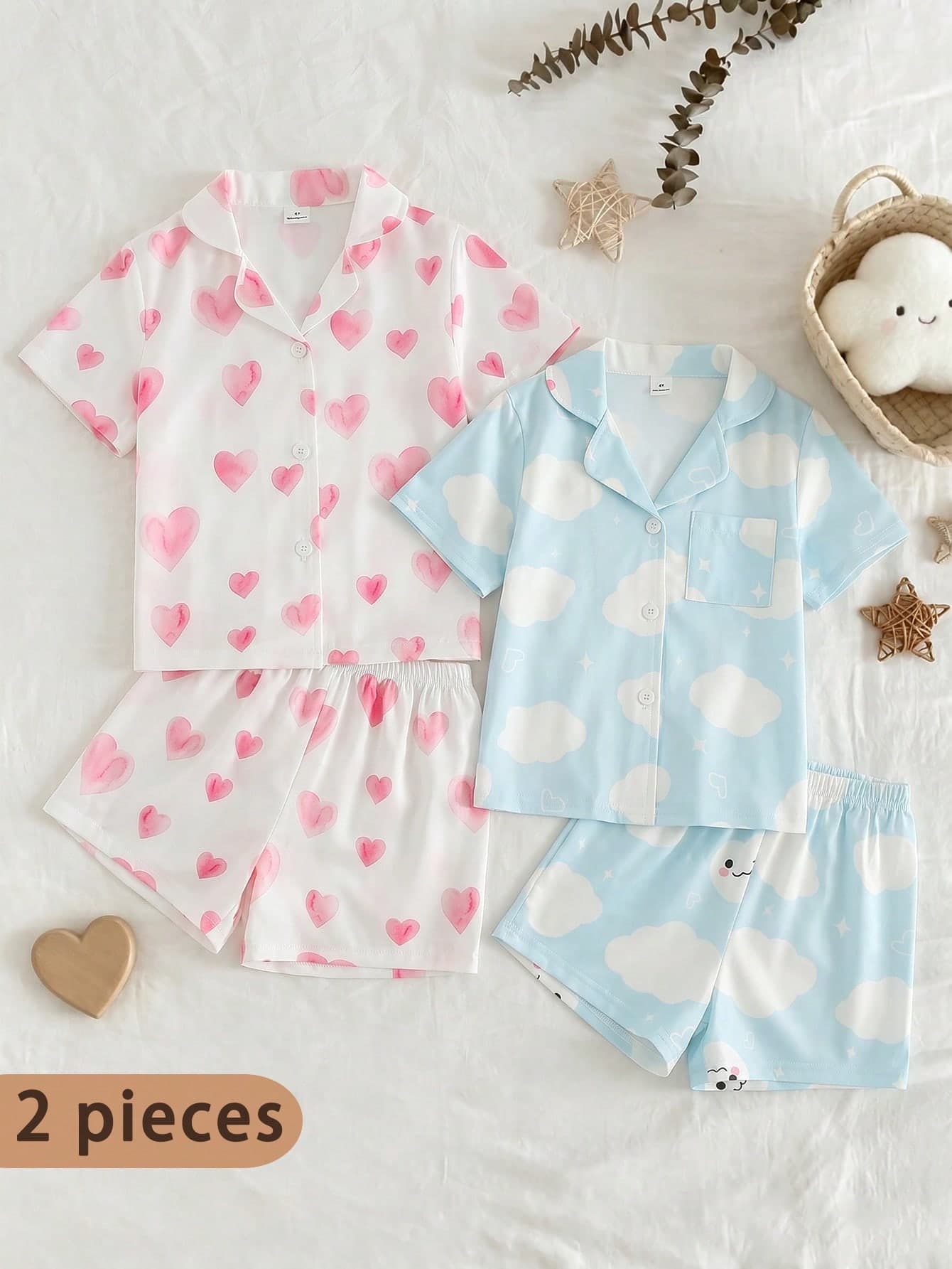SHEIN Young Girl Sweet Cute Elegant Casual Daily Comfortable Soft Fresh Playful Simple Fashion Classic Skin-Friendly Woven Faux Silk Crepe Fabric White Base Light Pink Heart Gradient Watercolor Effect Dreamy Cartoon Print Pattern Button-Up Collar Short Sleeve Top With Shorts Pajama Set Homewear 2-Piece
