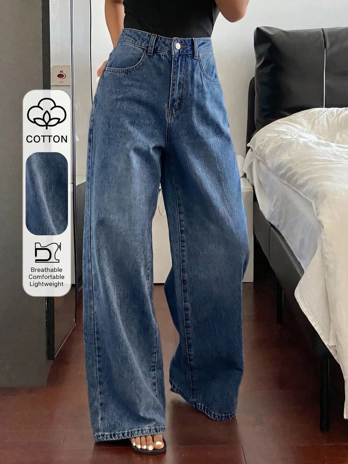 Livesso Women's Casual Blue Washed Basic Loose Straight Leg Pants, Suitable For Spring And Summer, Business Casual Office Wear
