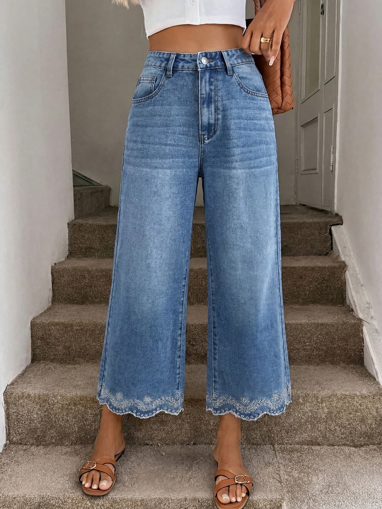 Easowa Loose Slimming Straight Leg Slight Embroidery Floral Jeans For Women, Summer Outfits, Holiday, Commuter, Casual, Cozy Jeans, Going Out Pants, Elegant.