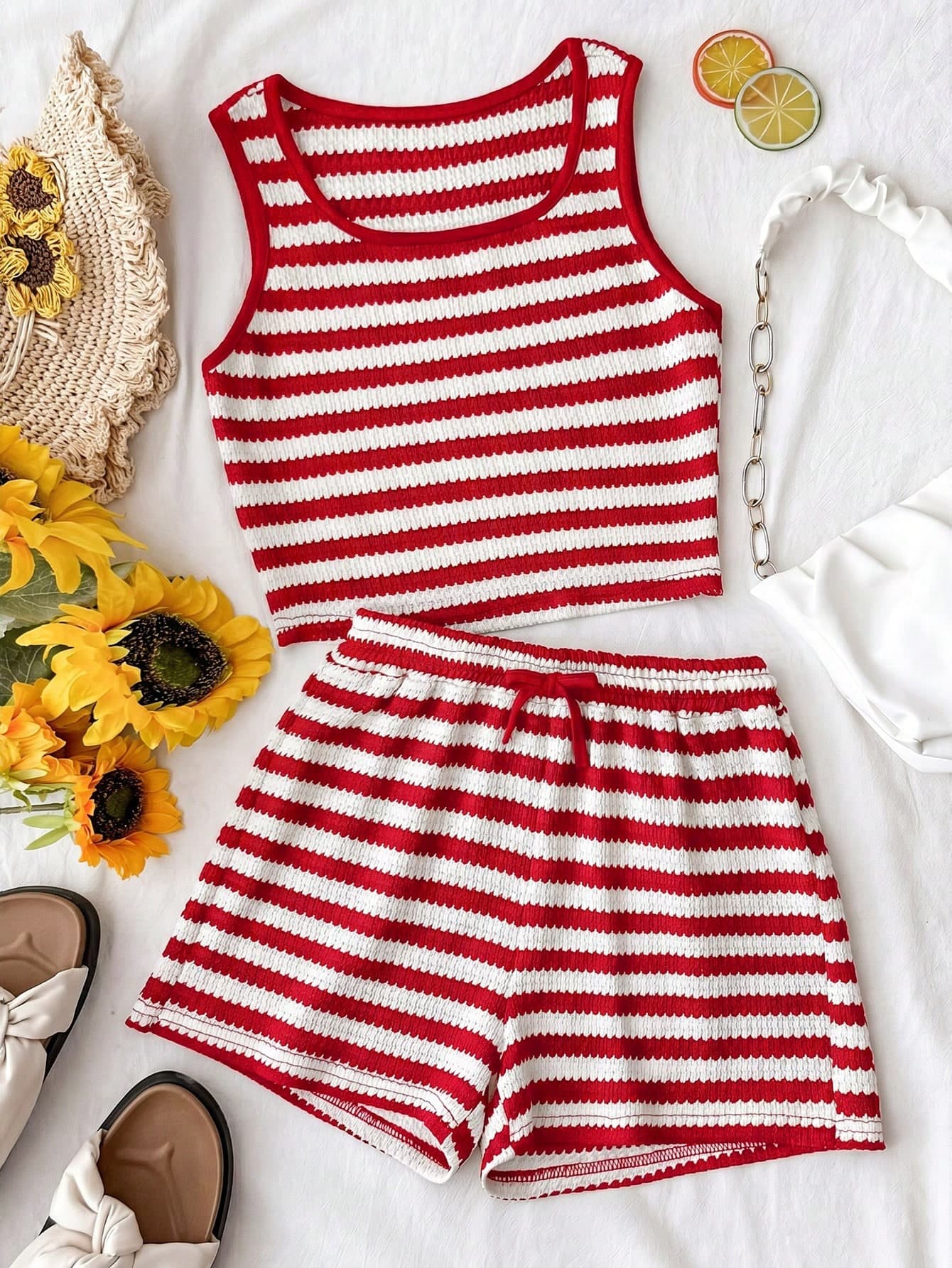 SHEIN Tween Girls Tank Top Co-Ords Spring Summer New Casual Versatile Retro Personalized Black & White Striped Knit Textured Jacquard Fabric Square Neck Sleeveless Crop Top And Shorts Set 2pcs