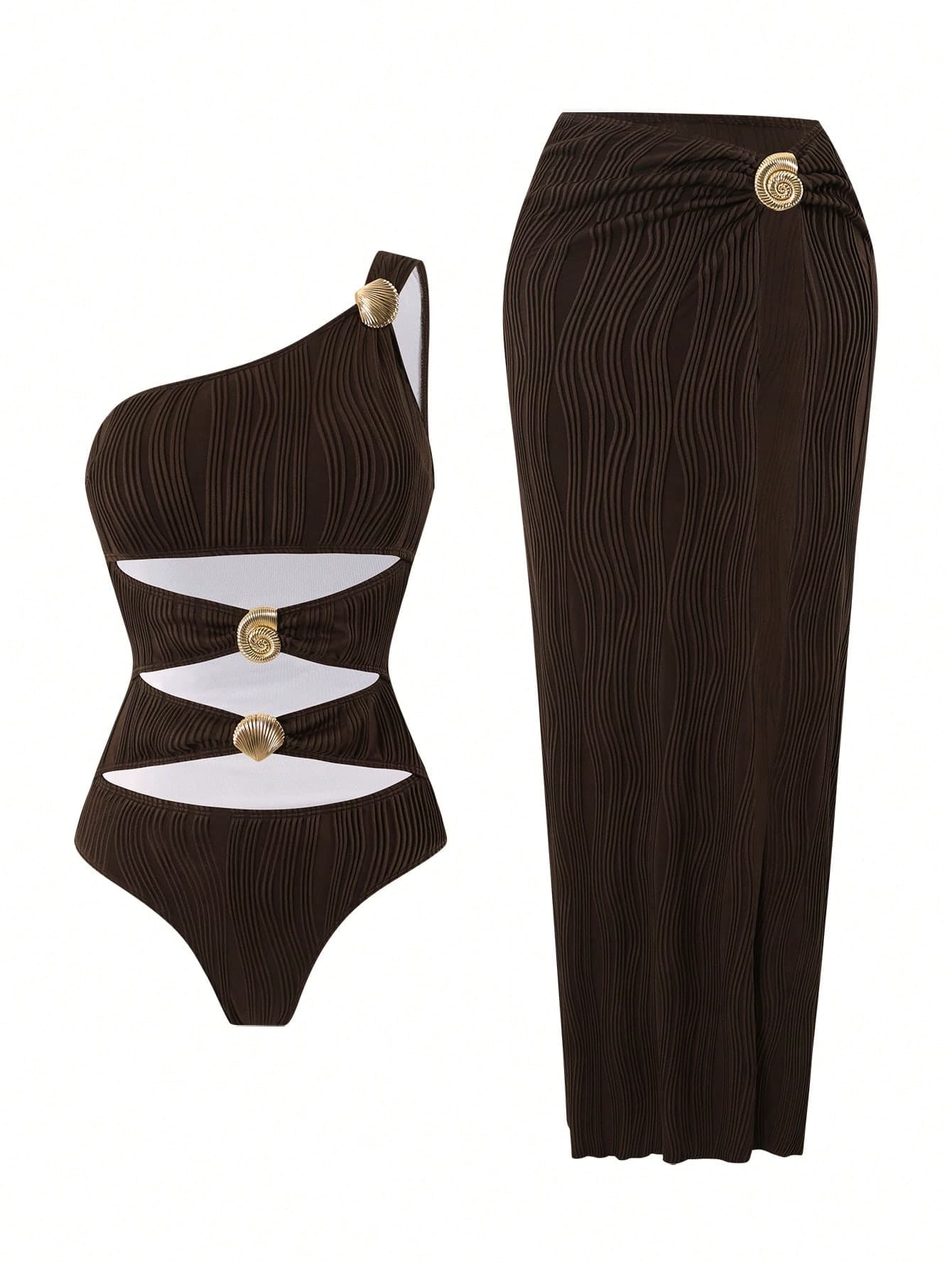 Swim Oasis Summer Beach Women's One-Piece Brown Wave Striped Textured Fabric One-Shoulder Cutout Shell & Conch Decor Swimsuit With Slit Maxi Skirt, Elegant Seaside Swimwear Set