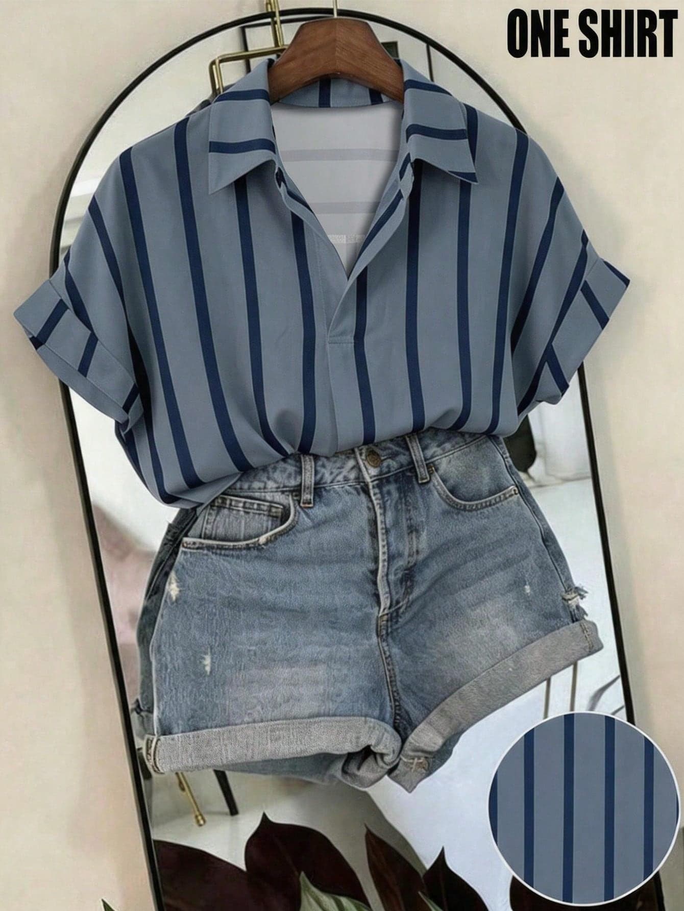 Franclia Fashionable High-End French Design Loose Batwing Sleeve Collared Women's Shirt, Striped Shirt, Short Sleeve Shirt, Spring/Summer Outfit, Vacation Outfit, Women's Spring/Summer Shirt, Women's Cover Up, Beach Outfit, Women's Top, Blue And White Stripes