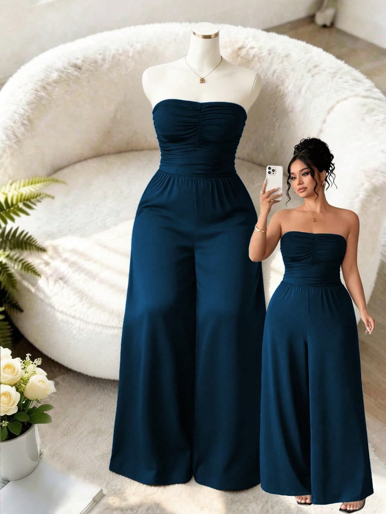 Elenzga Plus Size Women's Strapless Pleated Wide Leg Knit Jumpsuit