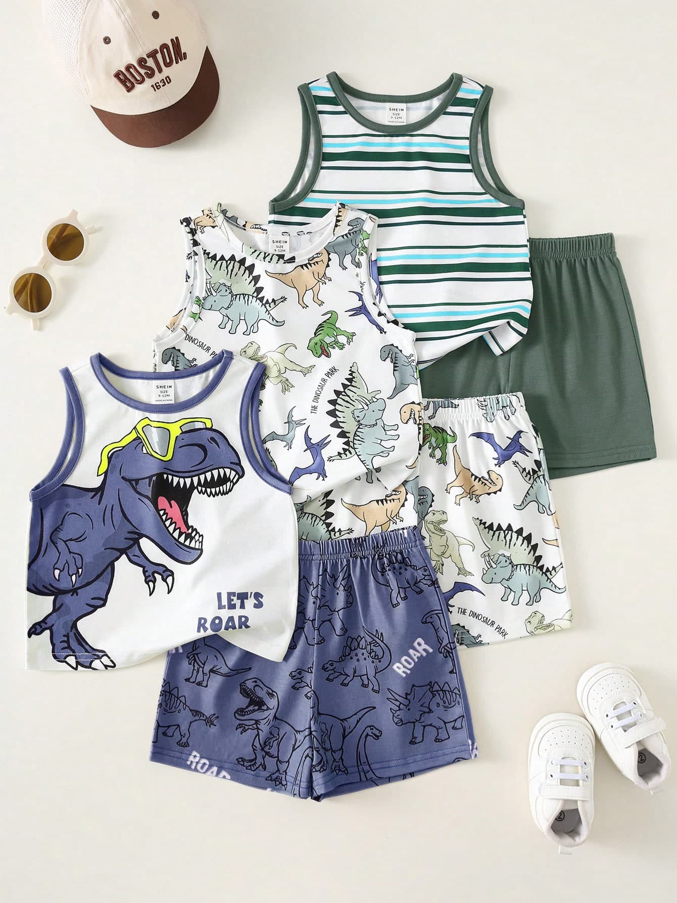 Baby Boy Casual Minimalist Fashion Versatile, Playful Cute, Dinosaur Pattern, Classic Stripes, Cool, Streetwear, Multi-Piece Set, American Vintage, Loose Comfortable Tank Top Suitable For Summer 3-Piece Set Suitable For Summer