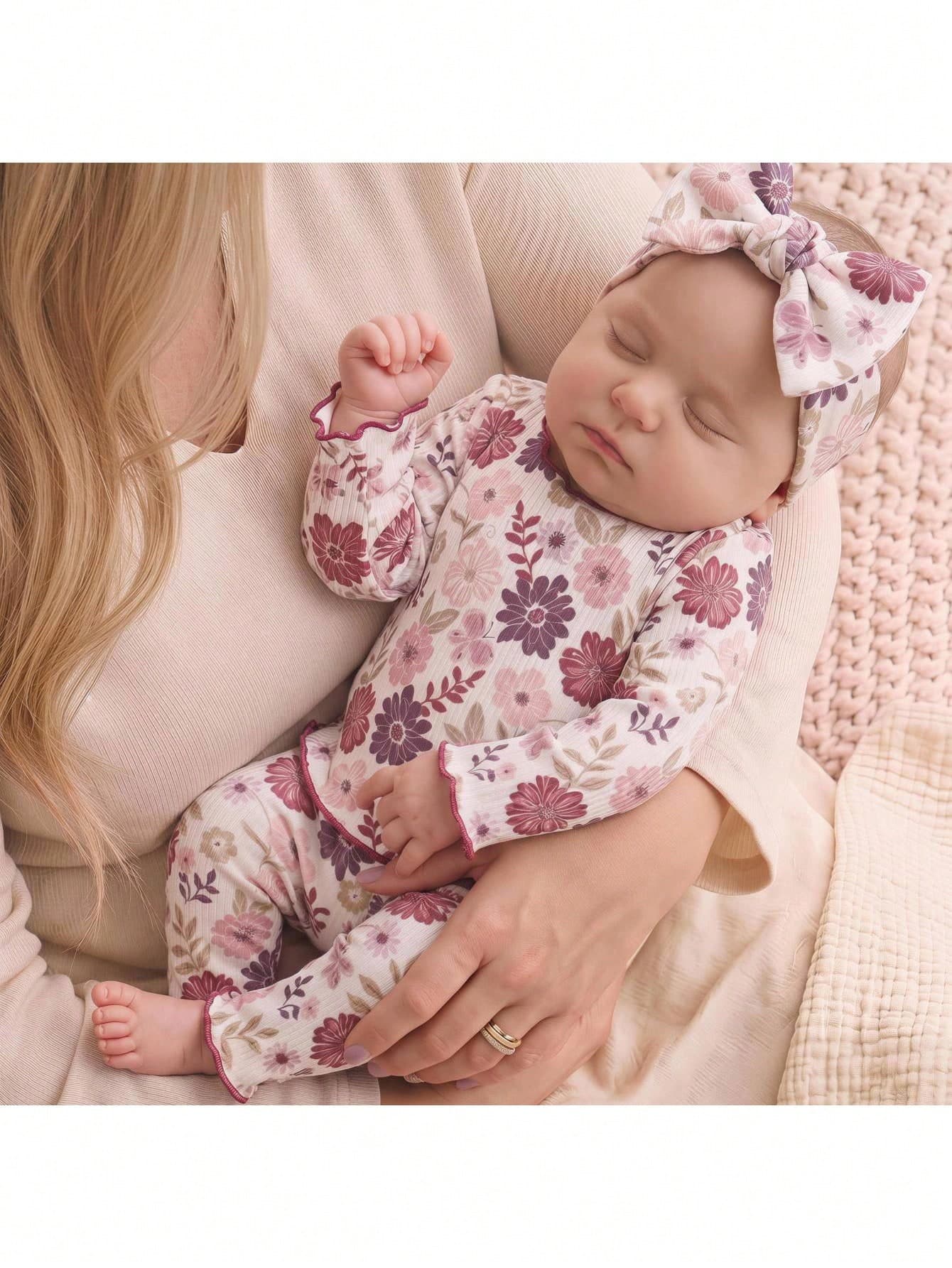 SHEIN Newborn Baby Floral Print Long Sleeve Pajamas Set For Girls Infant Sleepwear With Matching Headband Soft Floral Newborn Baby Girl Pajamas With Ruffled Edges And Cute Bow Headband Adorable Baby Girl Floral Pajamas Set Long Sleeve Top And Pants With Matching Headband For Infants,Floral Baby Clothes Soft Baby Clothes Baby Girl Clothes Newborn Baby Clothes Baby Bamboo Clothing,Baby-Newborn Baby Clothing-Newborn Baby Pajamas