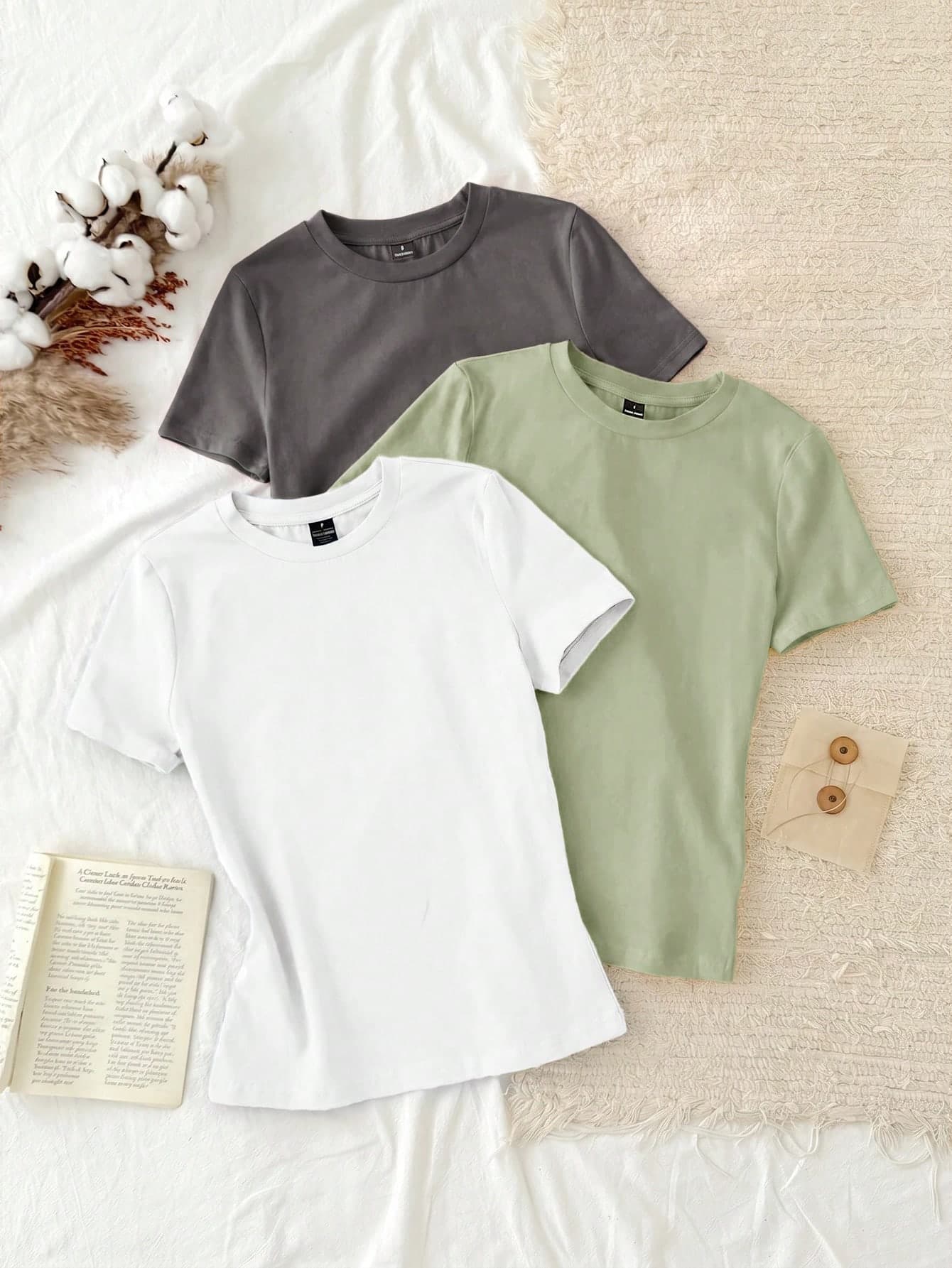 Tseoso 3pcs/Set Casual Minimalist 95% Cotton Women's Crew Neck Fitted Longline Short Sleeve T-Shirt