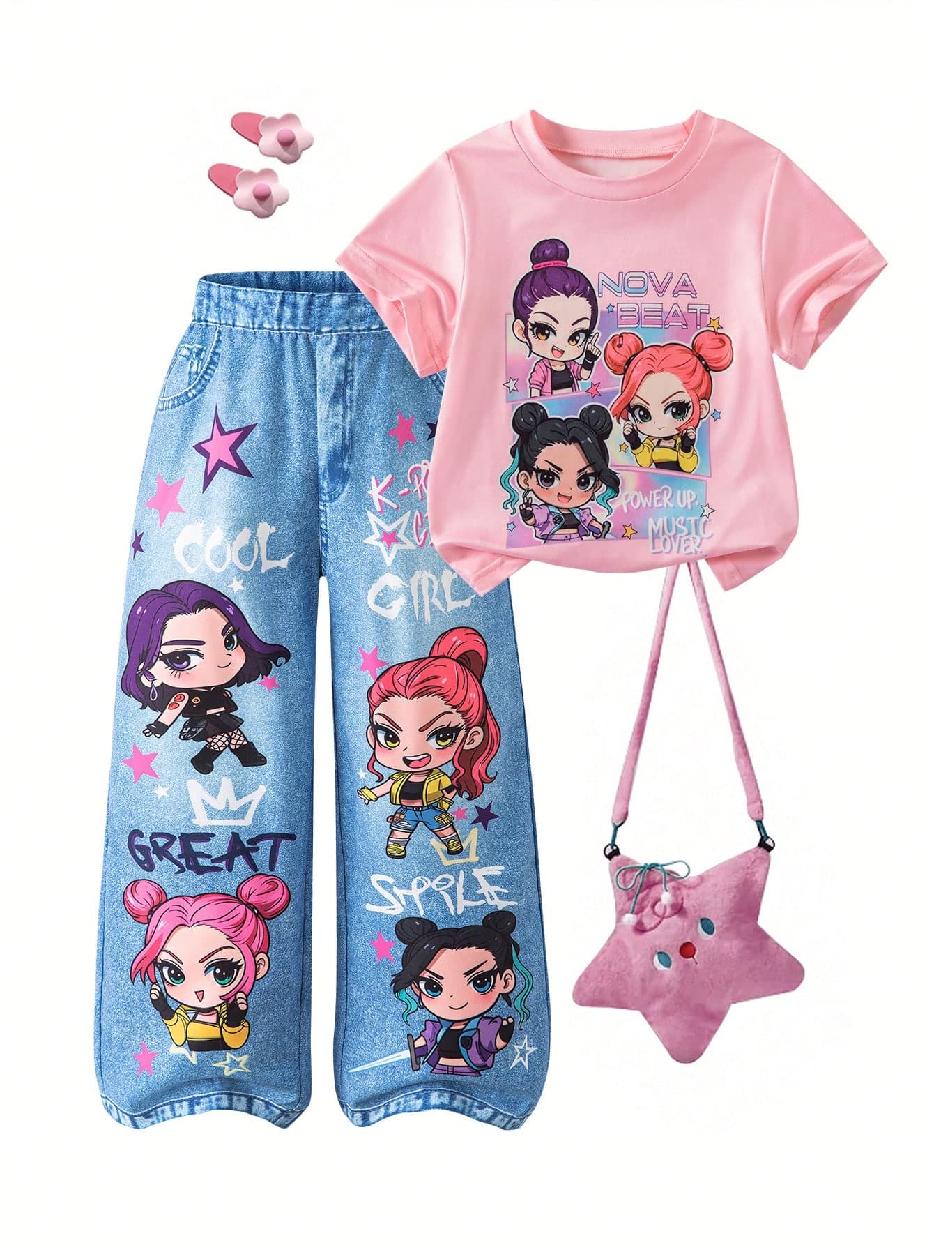 Light Pink Round Neck Short Sleeve Top And Wide Leg Pants Two Pieces Set, Top Printed With Cartoon Girl And Artistic English Text, Matching Bright Blue Wide Leg Pants Covered With Same Series Cartoon Figures, Five-Pointed Stars And Handwritten Graffiti Text, Coordinated Print Elements For A Unified Look, Vibrant And Lively Colors, Suitable For Daily Outings, Casual Walks And Various Occasions