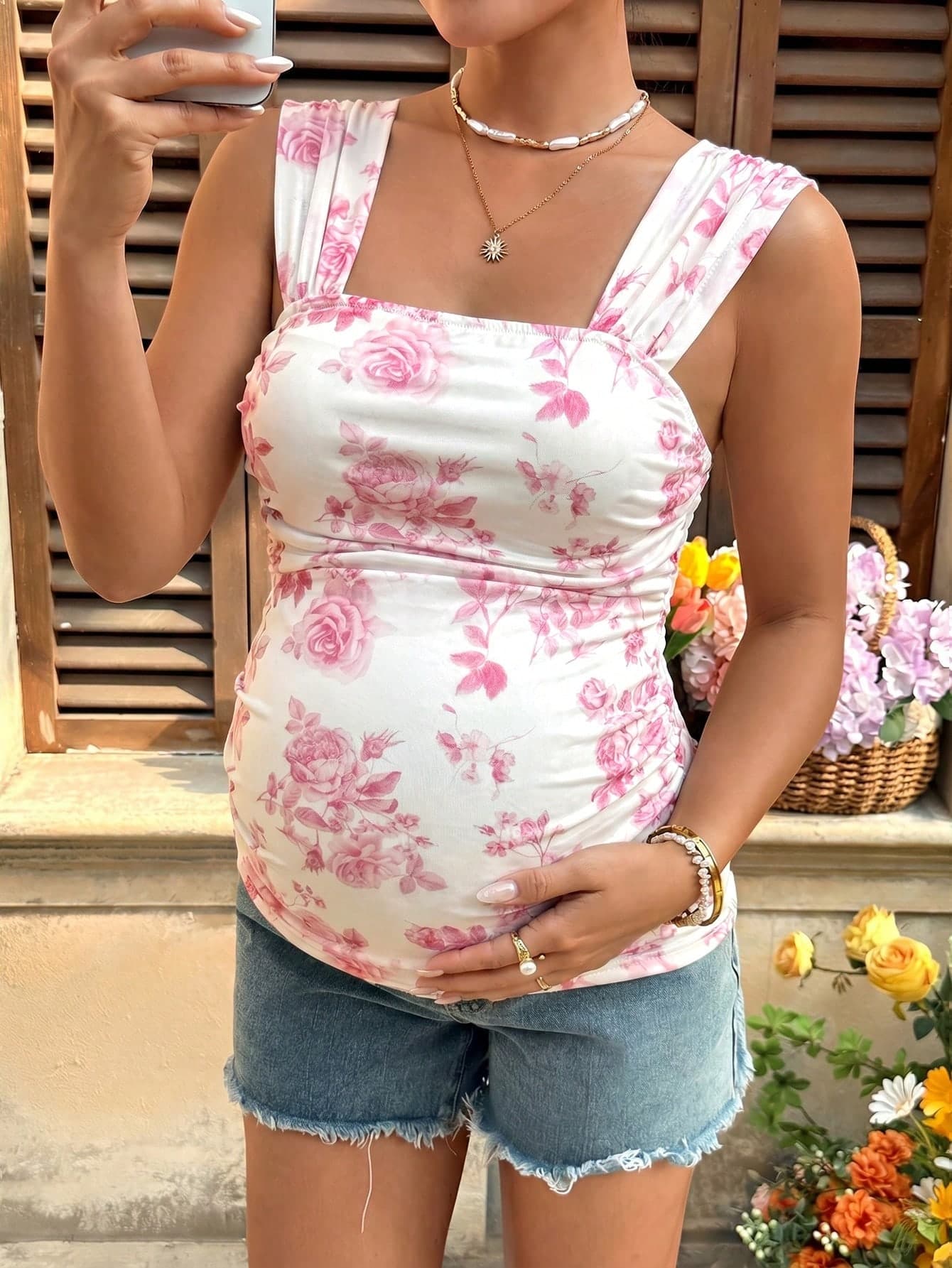 SHEIN Maternity Floral Print Pleated Wide Strap Tank Top For Vacation
