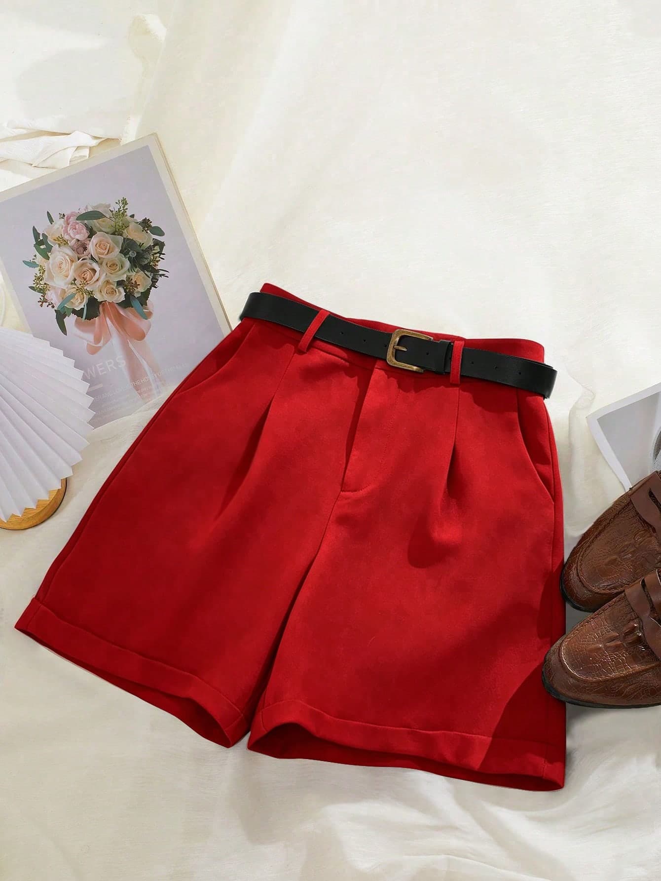 INAWLY Women's Solid Color Pocket Pleated Loose Casual Shorts