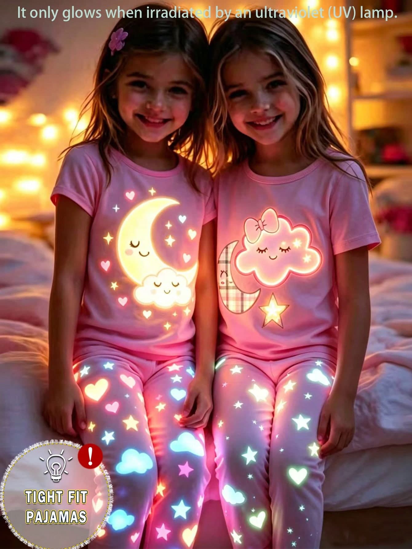 SHEIN 2pcs/Set Girls' Pink Cute Cartoon Moon & Cloud Print Pajamas, Short Sleeve Top & Shorts, Comfortable Soft Skin-Friendly Snug Fit