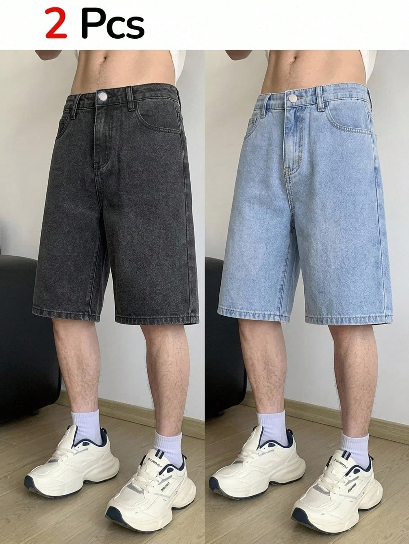 SHEIN Teen Boy Fashion Casual Y2k Vintage Cool Street Black And Blue Denim Simple Comfortable And Loose Shorts 2-Piece Set For Teen Boy Clothes Teen Boy Dailywear And Teen Boy Spring To Summer Rave Outfits Festival And Outfits Streetwear Clothes Clothes Back To School Clothes Back-To-School Holiday