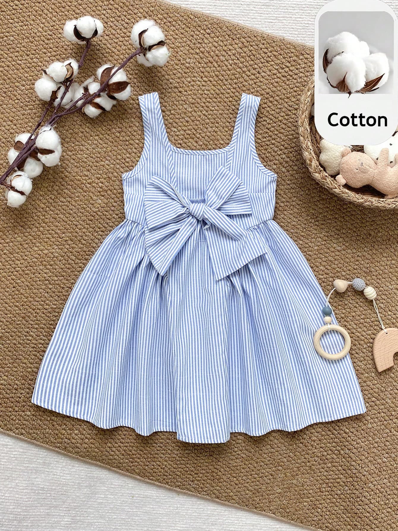 PrepCrw 1pc Kids Young Girl Elegant Casual Academy Exquisite Comfortable Versatile Woven Blue And White Striped Casual Strap Dress Suitable For Daily Wear, Outings, Gatherings, Holiday Parties, Spring And Summer