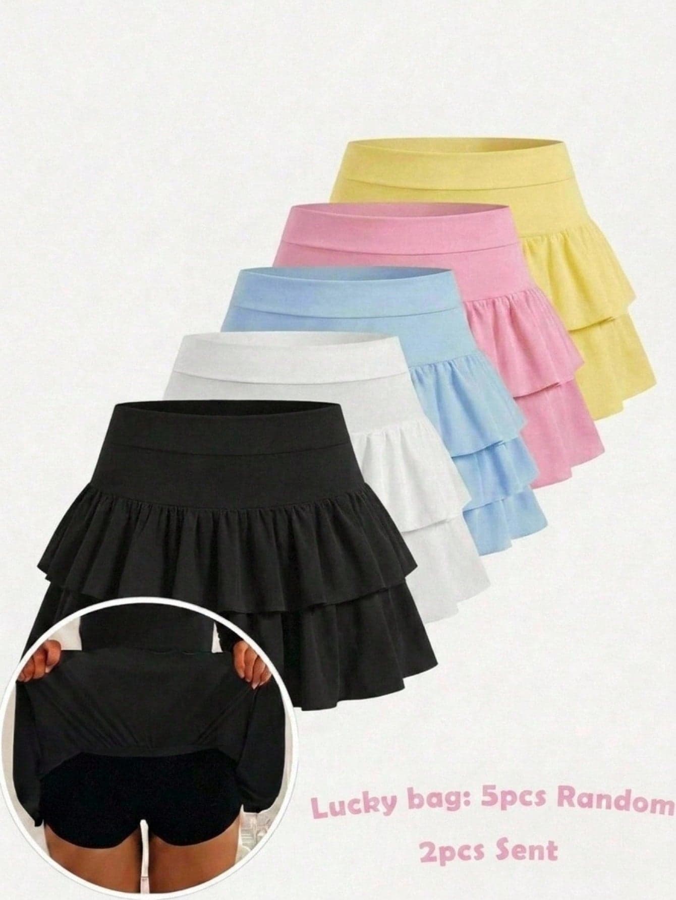 SHEIN Girlism Teen Girls Lucy Bag: 5pcs Random 2pcs Girls' Knit Solid Color Cute Ruffle Layered Built-In Shorts Mini Skirt Two Pieces Set Y2K Fashion Back To School Season Ruffle Short Skirt With Inner Shorts Layered Ruffle Skirt, Spring Summer Autumn Winter All Seasons Teen Ruffle Skirt