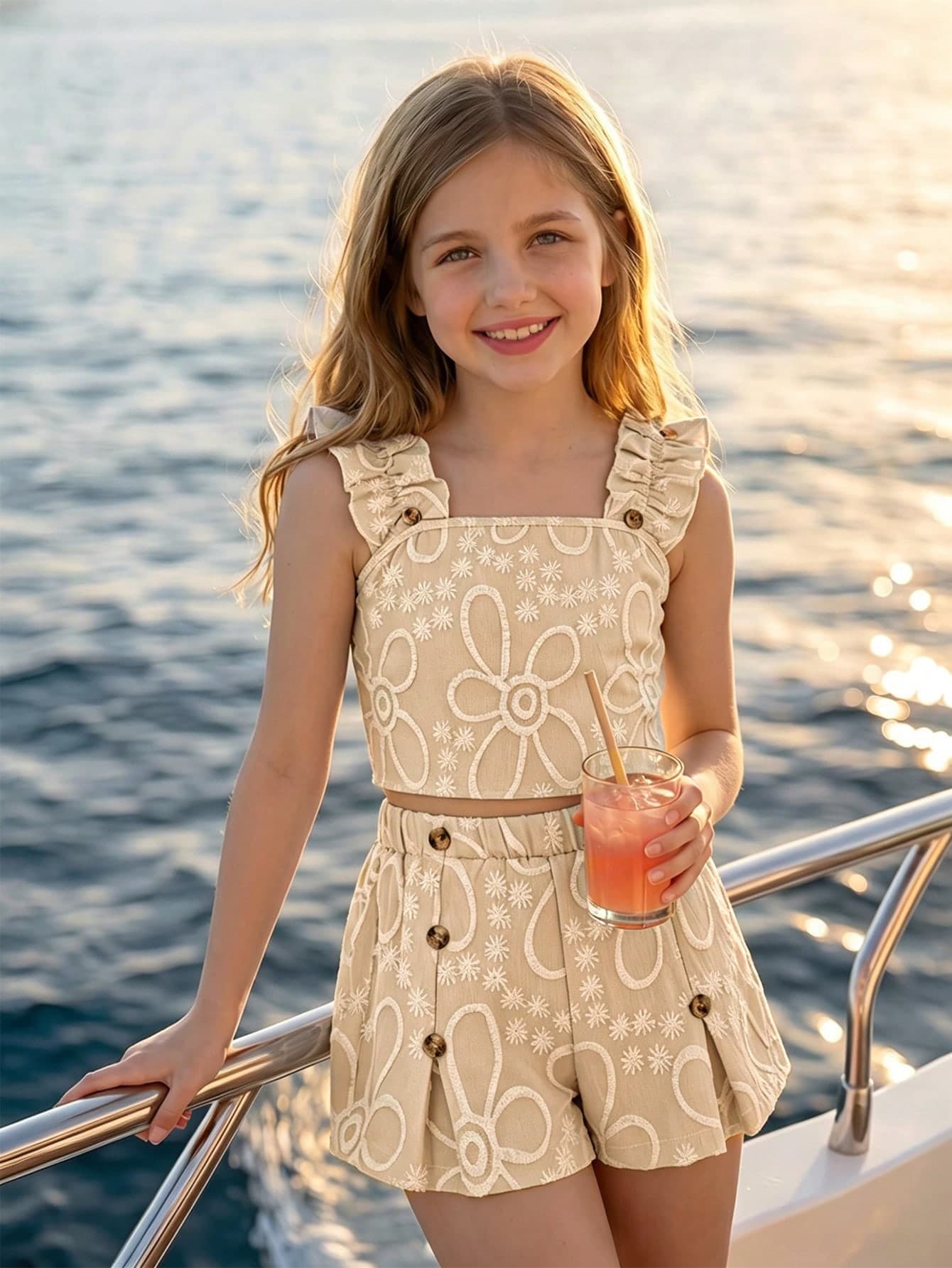 SHEIN Sparklyn Tween Girl Vacation Casual Pleated Camisole Button Design Top And Waist Gathered Shorts Set