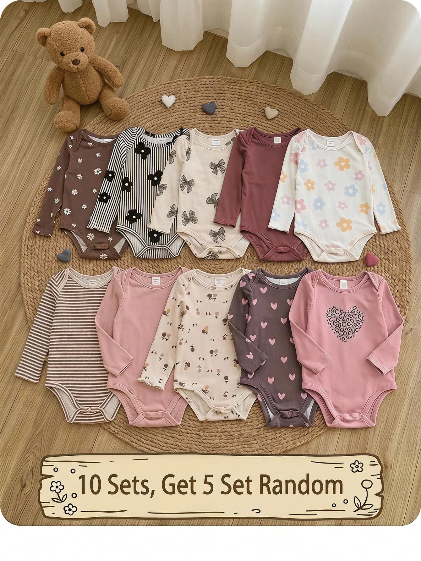 SHEIN (10 Sets, Get 5 Set Random)Baby Girl Cute Knitted Floral & Striped Pattern Long Sleeve Romper Set