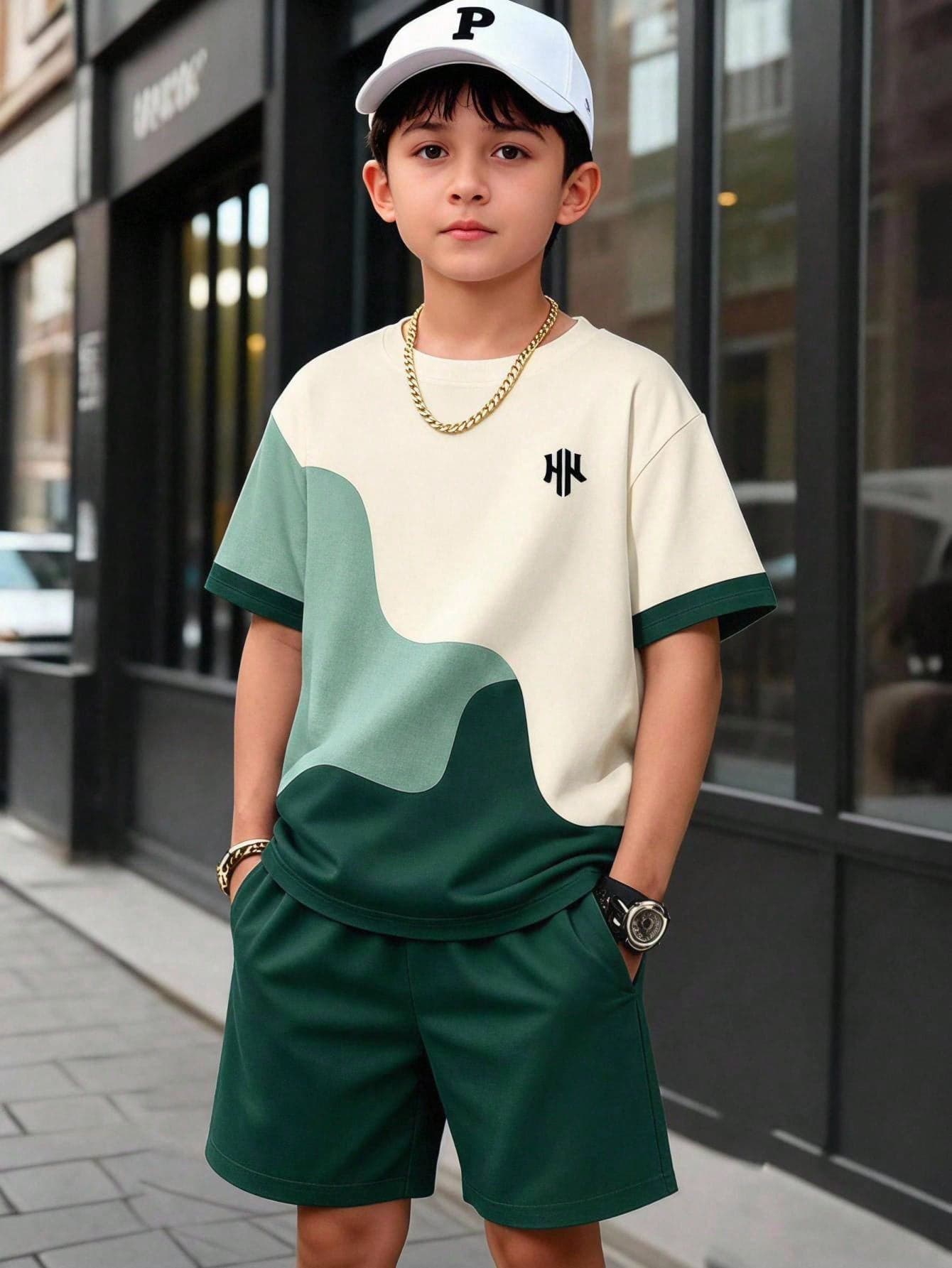 Vacaura 2pcs/Set Boys Casual Colorblock Patchwork Design Crew Neck T-Shirt Set, Suitable For Daily Commute, School, Sports, Comfortable And Fashionable