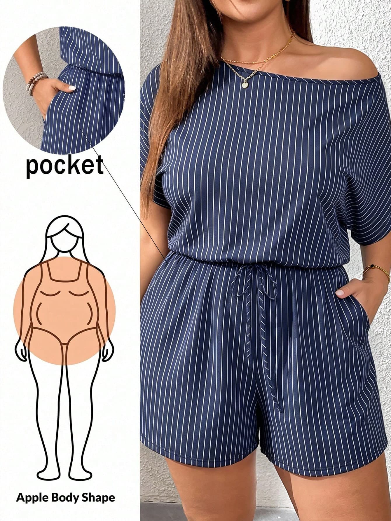 SHEIN Essnce Casual Vacation Blue And White Striped Plus Size Women's Off-Shoulder Jumpsuit, Blue Jumpsuit, Summer Women's Clothing Set, Summer Women's Vacation Wear