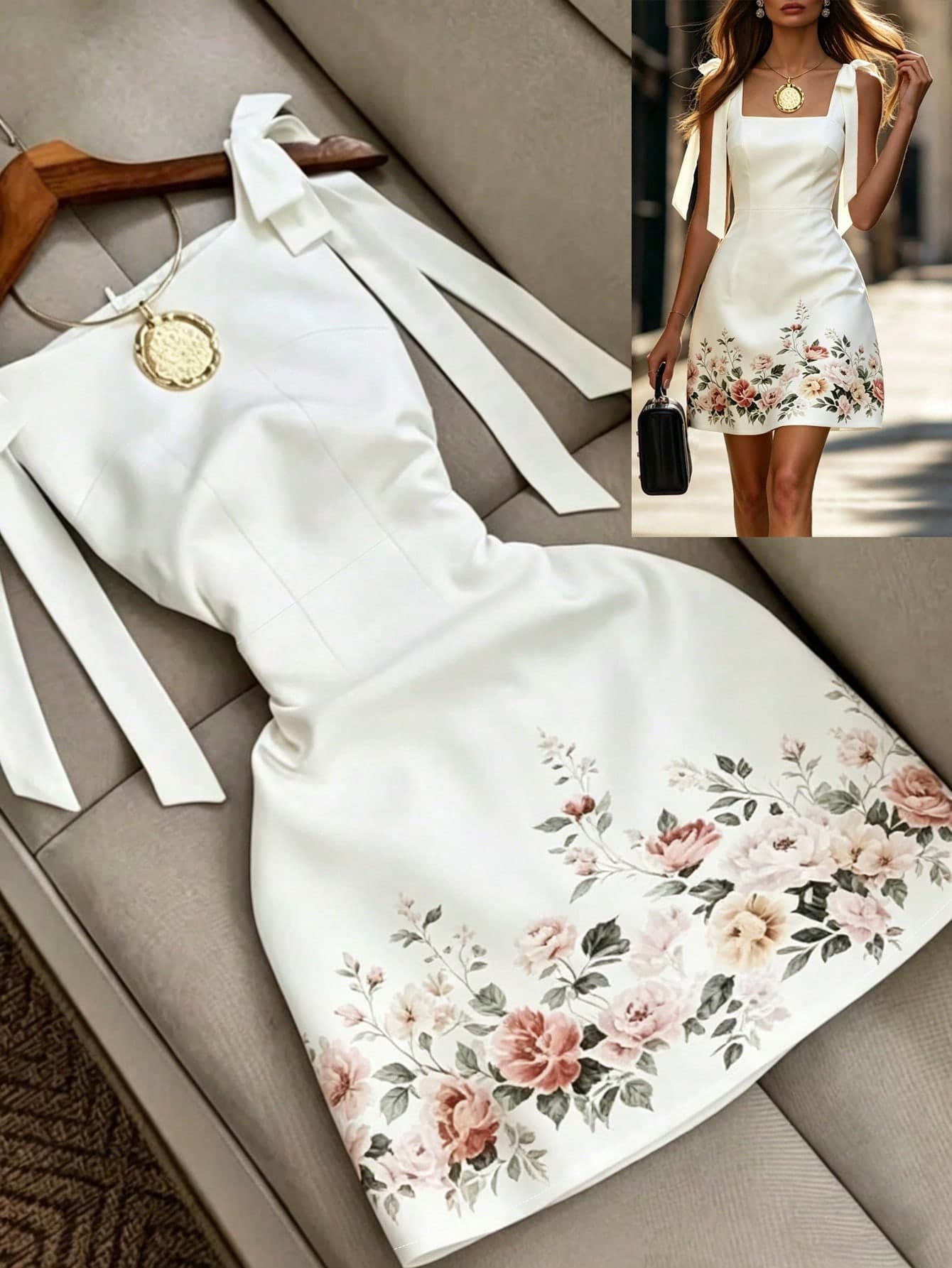 SHEIN Franclia French Style White Elegant Spaghetti Strap Mini Dress, Women's Floral Dress, Women's Formal Dress/Gown, Luxury Wedding Evening Dress, Vacation Dress, Women's Elegant Dress, Women's Graceful Dress, Floral Dress, White Dress, Summer Waist Cinched A-Line Short Dress, Suitable For Dates And Parties; White Bow Shoulder Strap Dress, Suitable For Daily Outings, Vacations, Graduations, Birthdays, Back To School, Etc.; Women's Fashion Dress