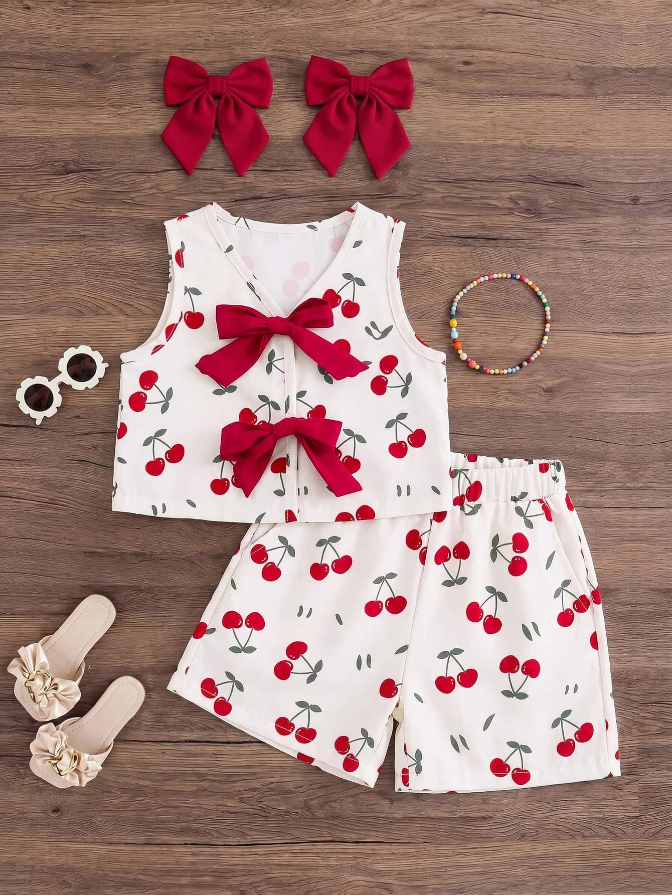 SHEIN Young Girl Woven Cherry Pattern Digital Print Round Neck Top And Matching Shorts 2pcs Set
