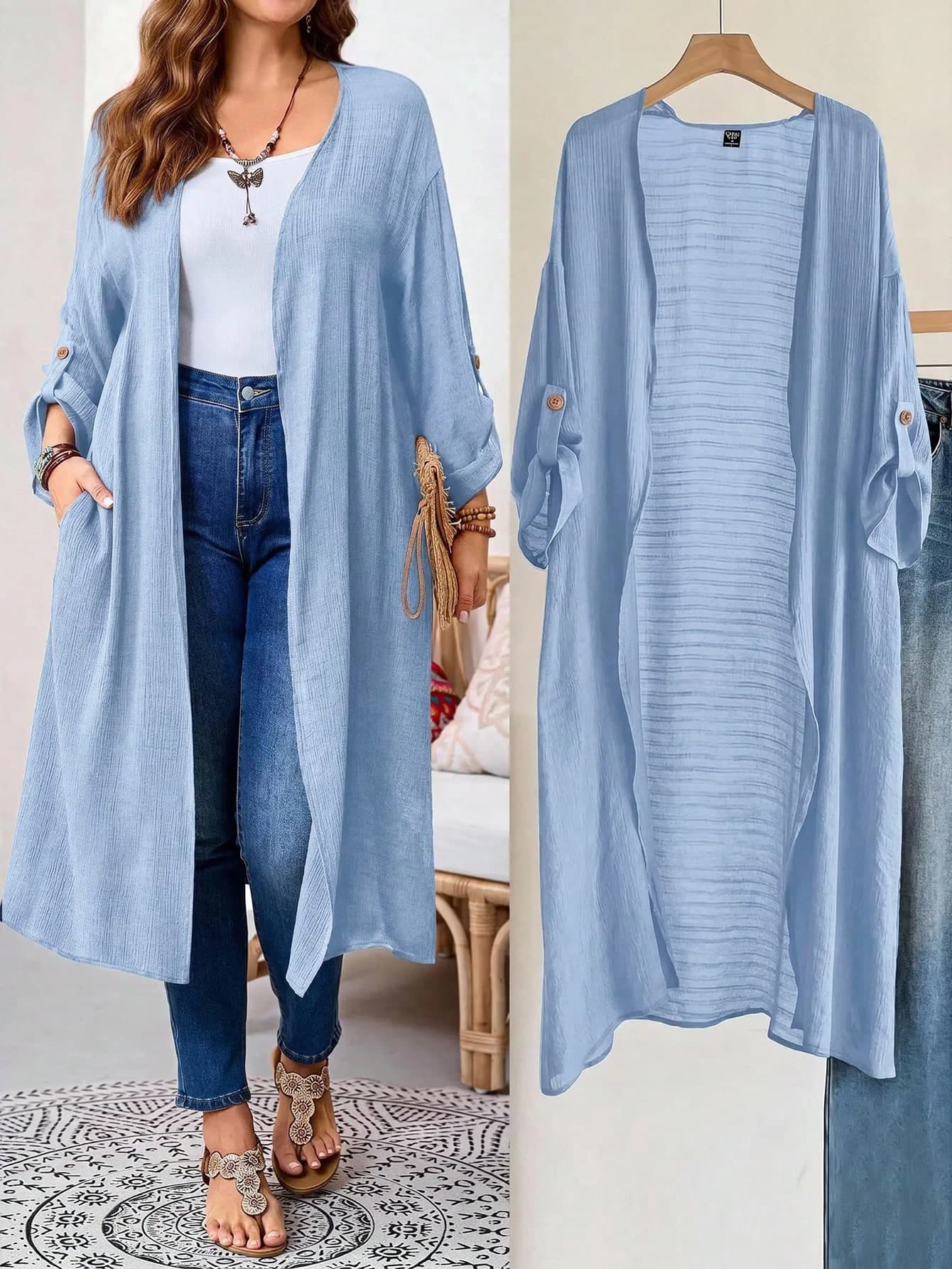 EMERY ROSE Plus Size Solid Color Casual Vacation Jacket Fall