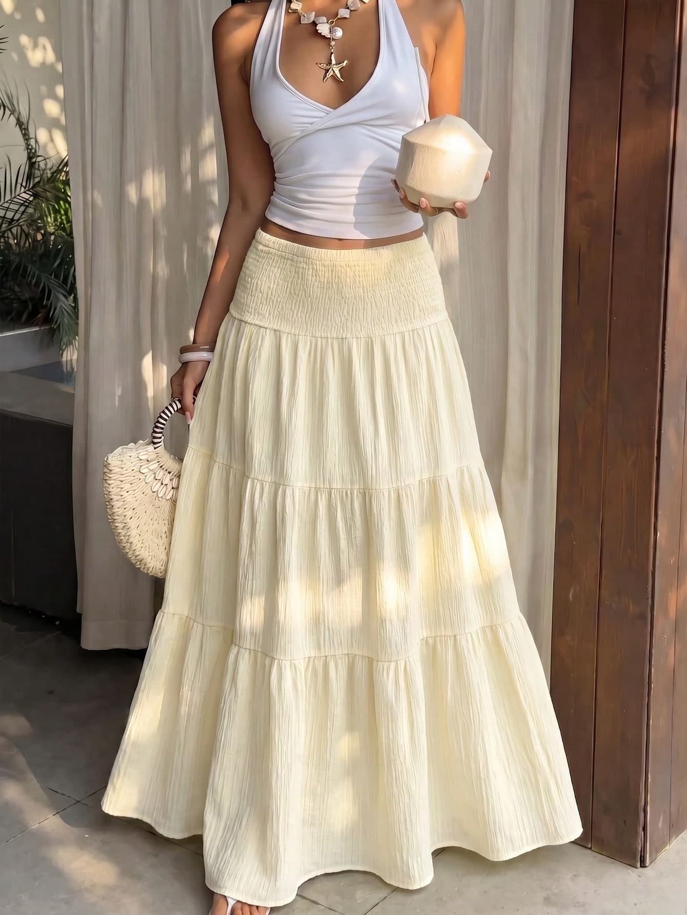 Sunnyshic Women's Spring/Summer Casual Vacation Fashion Streetwear Daily Island Outfit Yellow Low-Waist Shirred Skirt