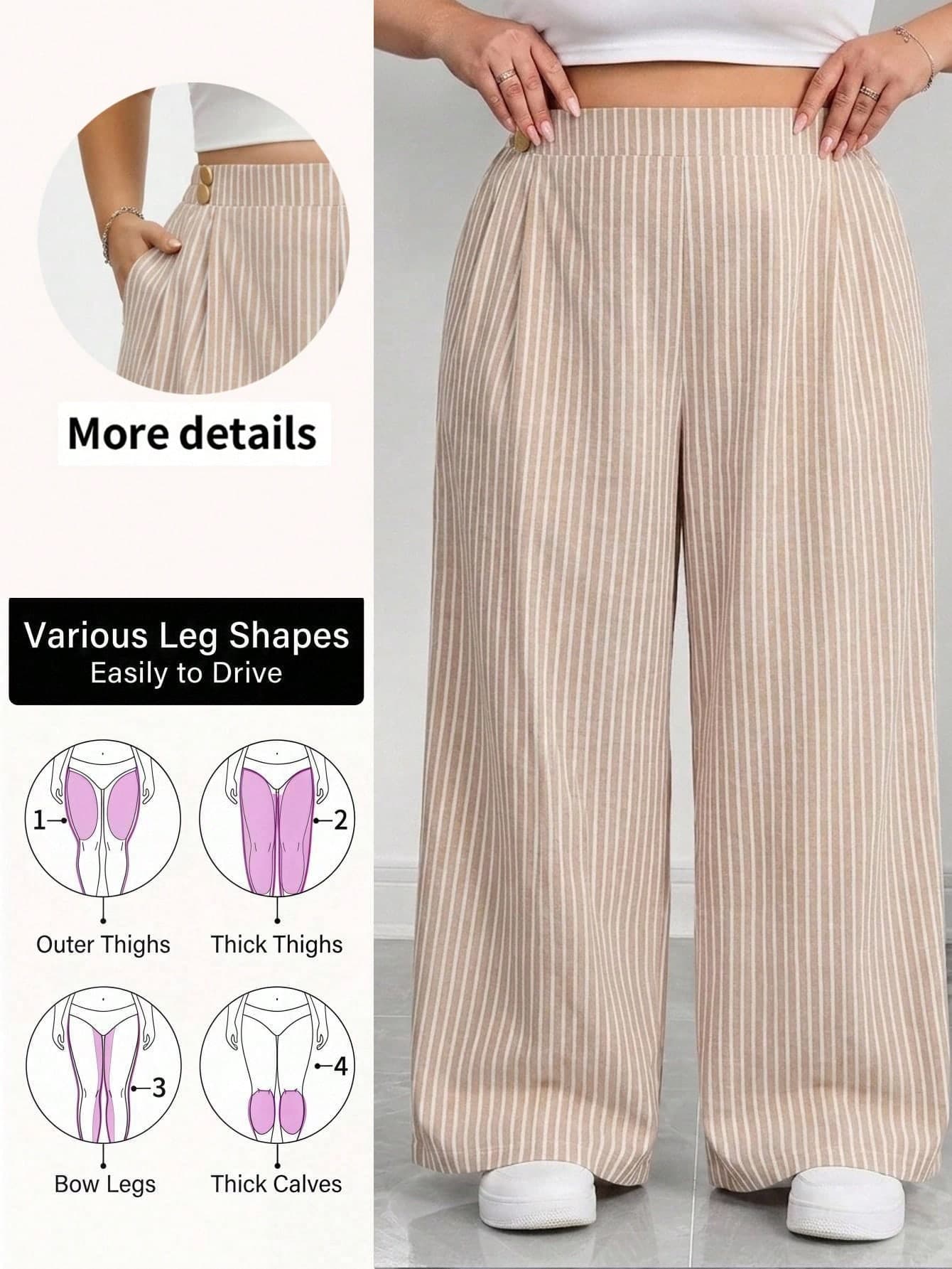 SHEIN CURVE+ Plus Size Striped Print High Waist Slant Pocket Casual Wide Leg Pants Fall