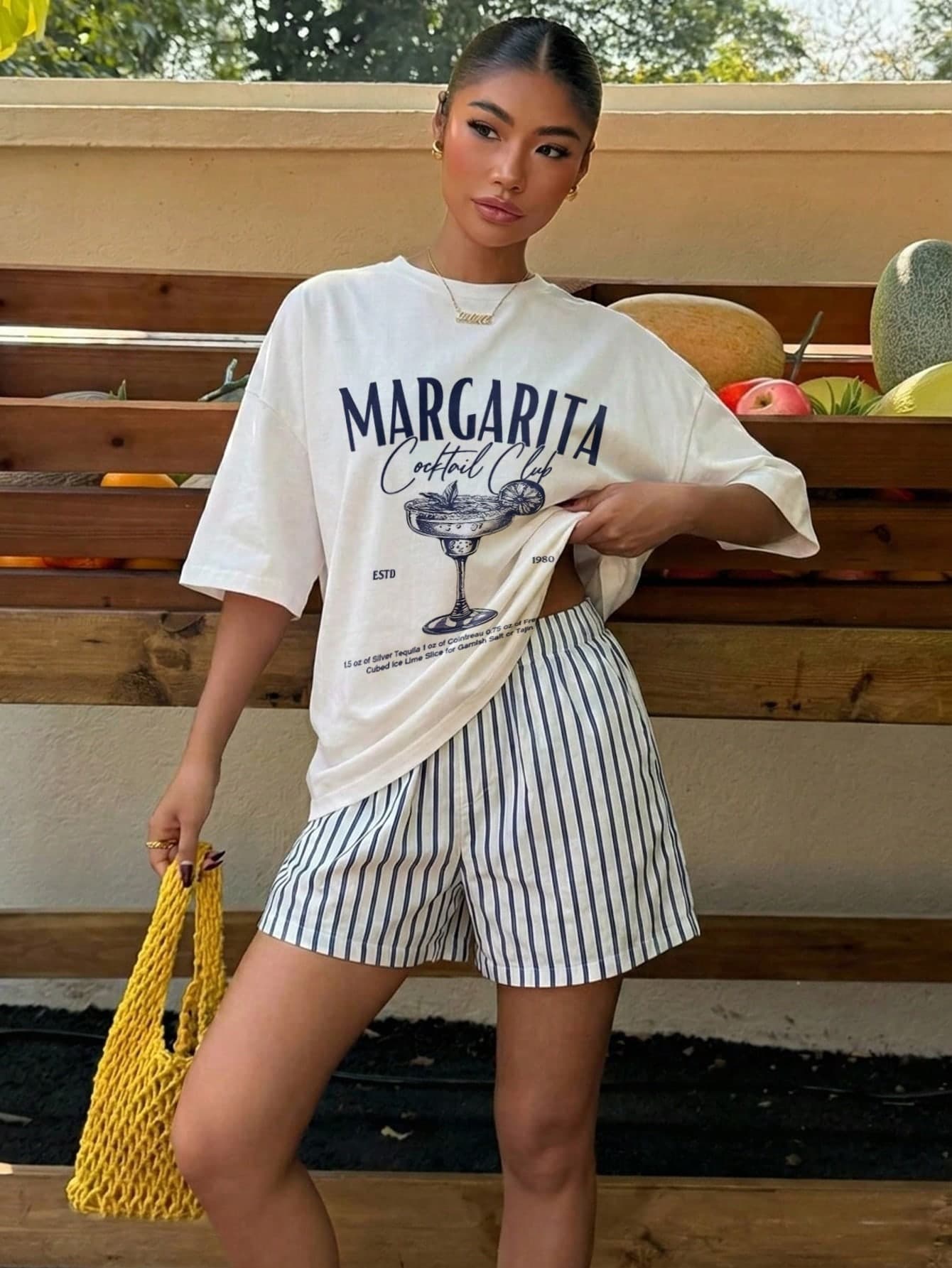 Muchica Casual Minimalist Vintage Elegant Commuter Versatile Cozy Striped Cup Print Pattern, Beach Wear, Vacation Wear, Women's Summer Wear, Loose T-Shirt And Striped Shorts Women's Set