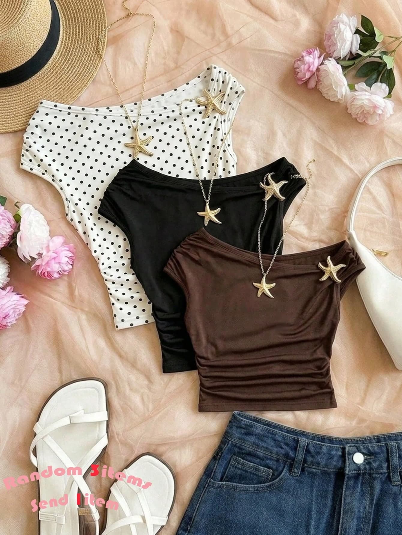 SHEIN Random 3items,Send 1item Tween Girl Black And White,Summer,Elegant,Vacation,Holiday Asymmetric Shoulder Crop Top,Golden Starfish Decor Soft T Shirt