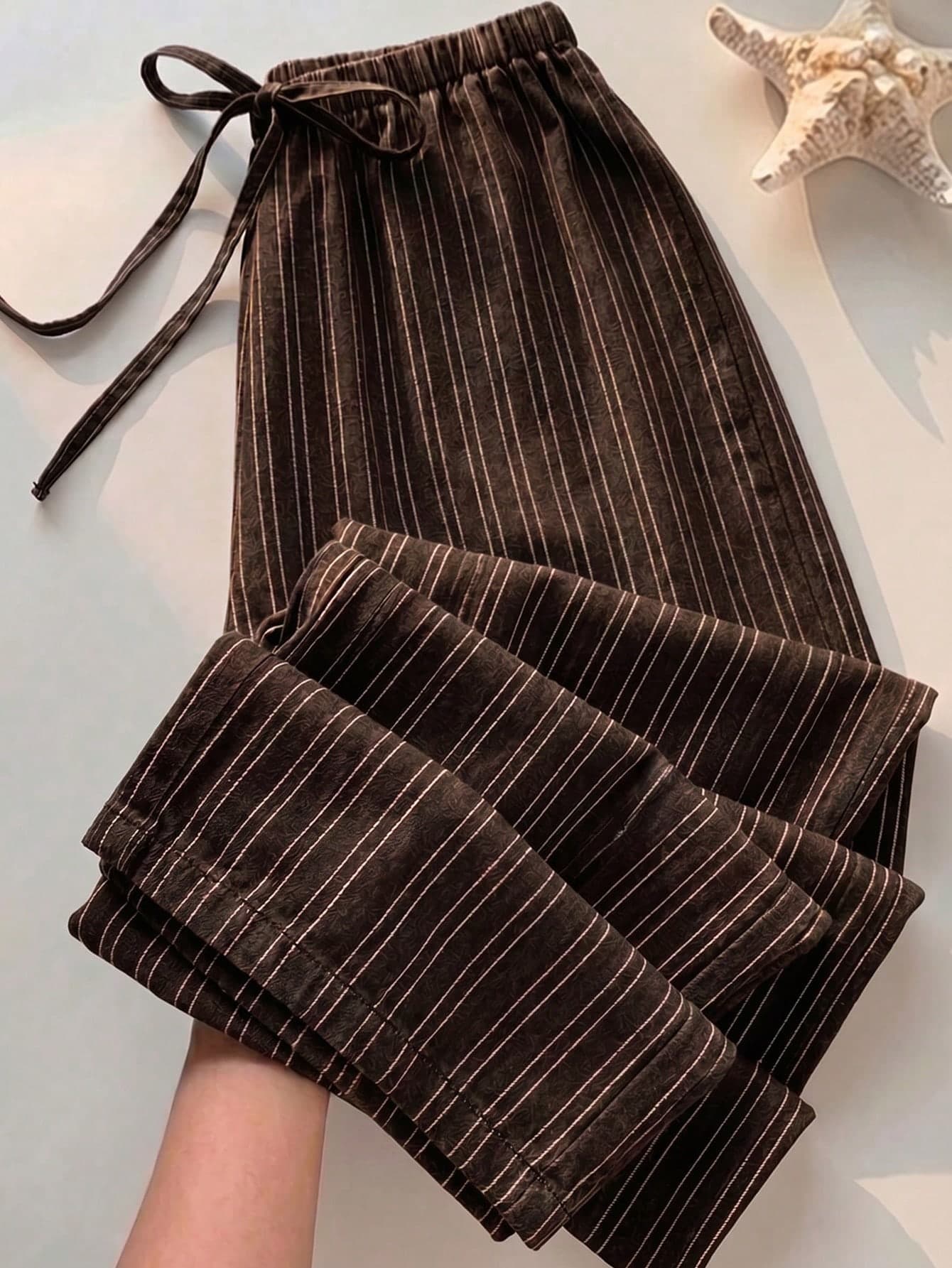 SHEIN EZwear Women's Casual Waist Tie Straight Leg Pants Suitable For Summer