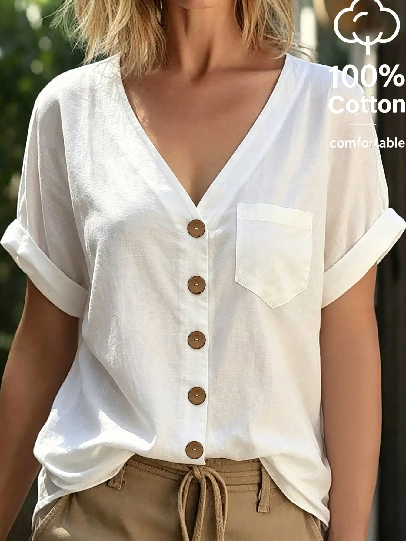 SHEIN LUNE CURVE Plus Size Women's White Cotton Blouse,V-Neck Batwing Short Sleeve Shirt With Pockets,Buttons Smart Casual Summer Top,Sommar Vacation Hiking Beach Top