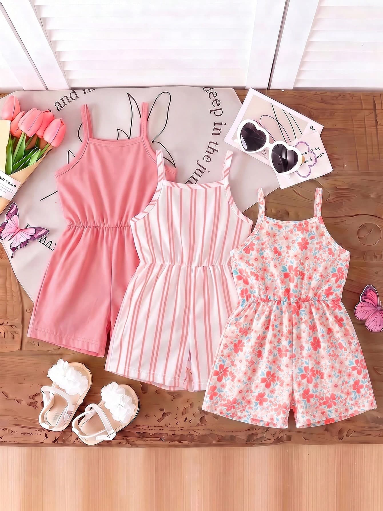 SHEIN Playful Pals 3pcs/Set Young Girl' Summer New 2026 Floral & Striped Print Romper, Minimalist Versatile Vacation Style Jumpsuit