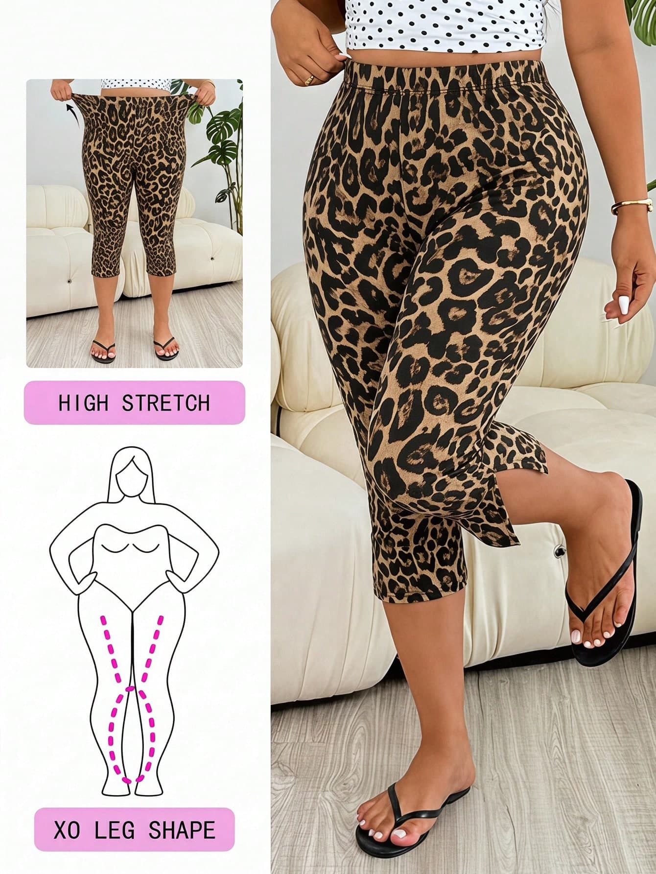 Solflare Women's Plus Size High Waist Leopard Print Capris Leggings
