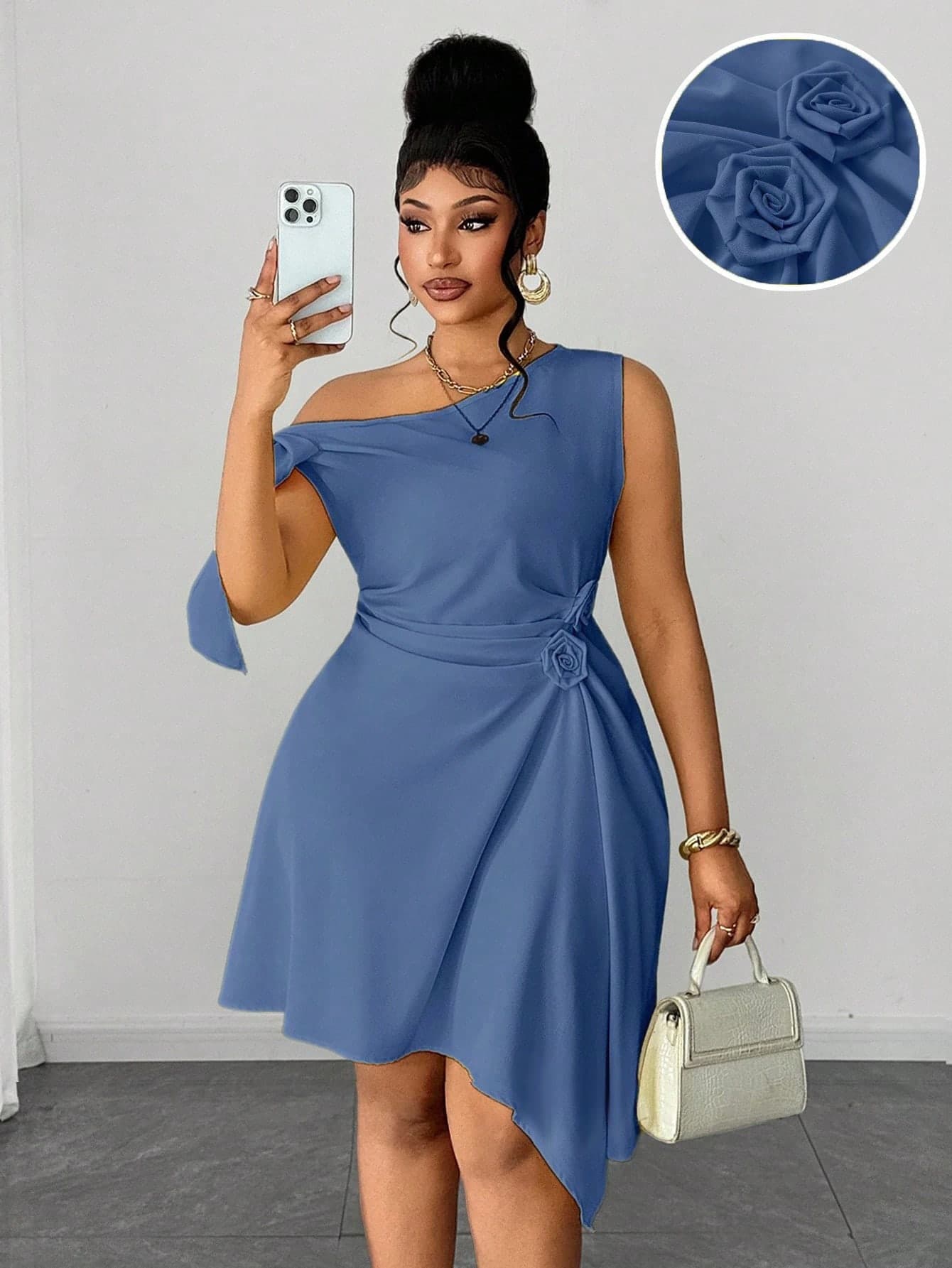 Maweii Spring/Summer 3D Floral Asymmetric Shoulder Waist-Cinching Pleated Asymmetric Hem Handkerchief Hem Vacation Yellow Casual Fashion Niche Design New Must-Have Daily Wear Elegant Sophisticated Exquisite Plus Size Women's Dress