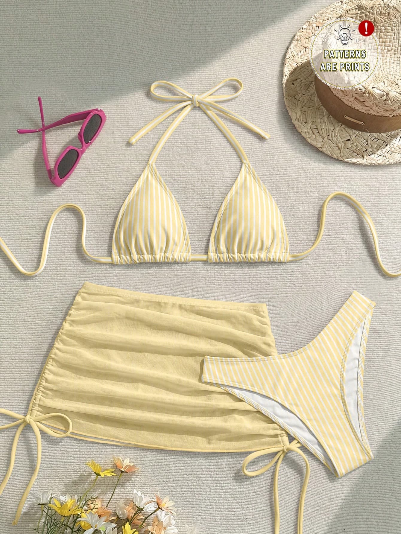 Soleia Women's Striped Halter Triangle Bikini Top, Triangle Bikini Bottoms And Drawstring Short Mesh Skirt Swimsuit Set