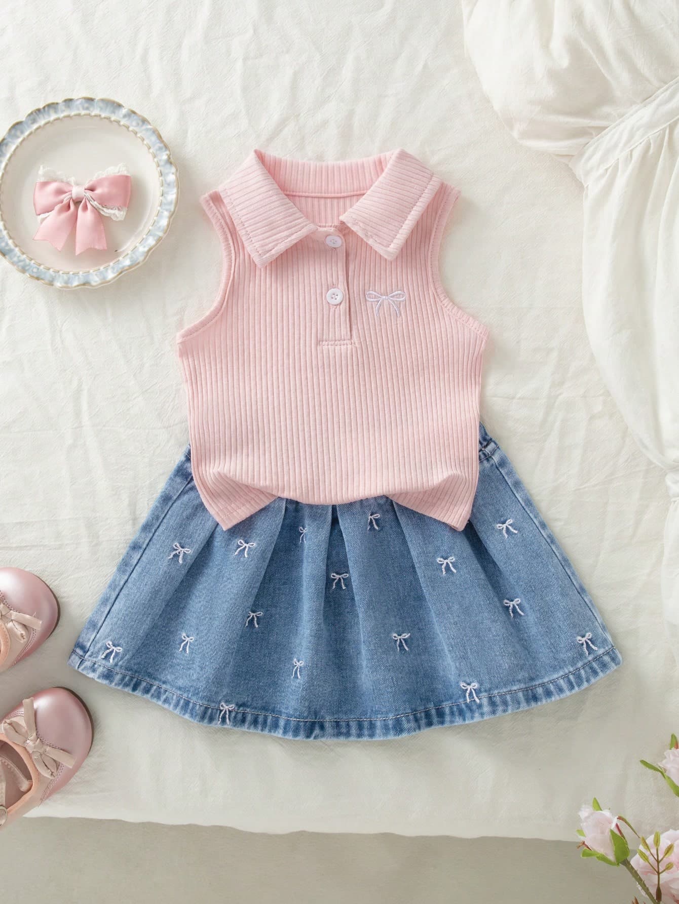 Genkimix Kids Young Girls Polo Skirt Set Summer New Arrival Cute Sweet Style Pink Ribbed Knit Sleeveless Top With Pink Bow Embroidery Light Blue Denim Pleated Skirt Elastic Waist Squishy Soft Casual Outfit For Daily School Holiday Trave