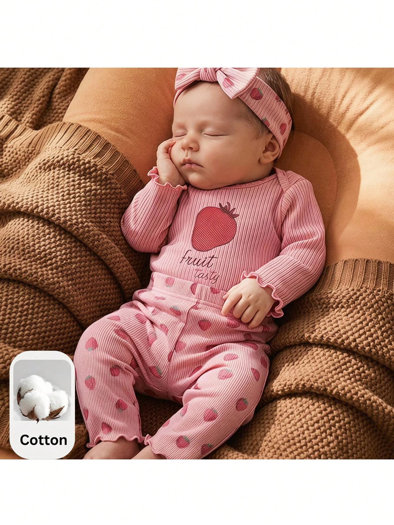 Loomiva Newborn Baby Girl Cute Casual Knit Pink Long Sleeve Top & Elastic Waist Strawberry Print Leggings Homewear Set
