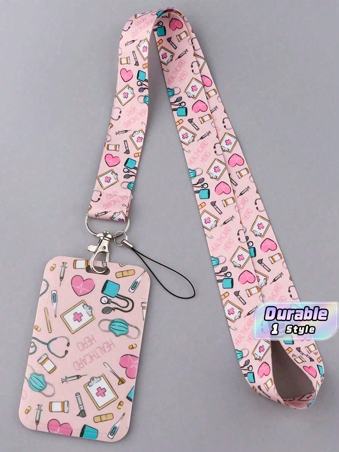 1pc Pink Doctor/Nurse Pill Design Lanyard Card Holder, Keychain Hard ID Case