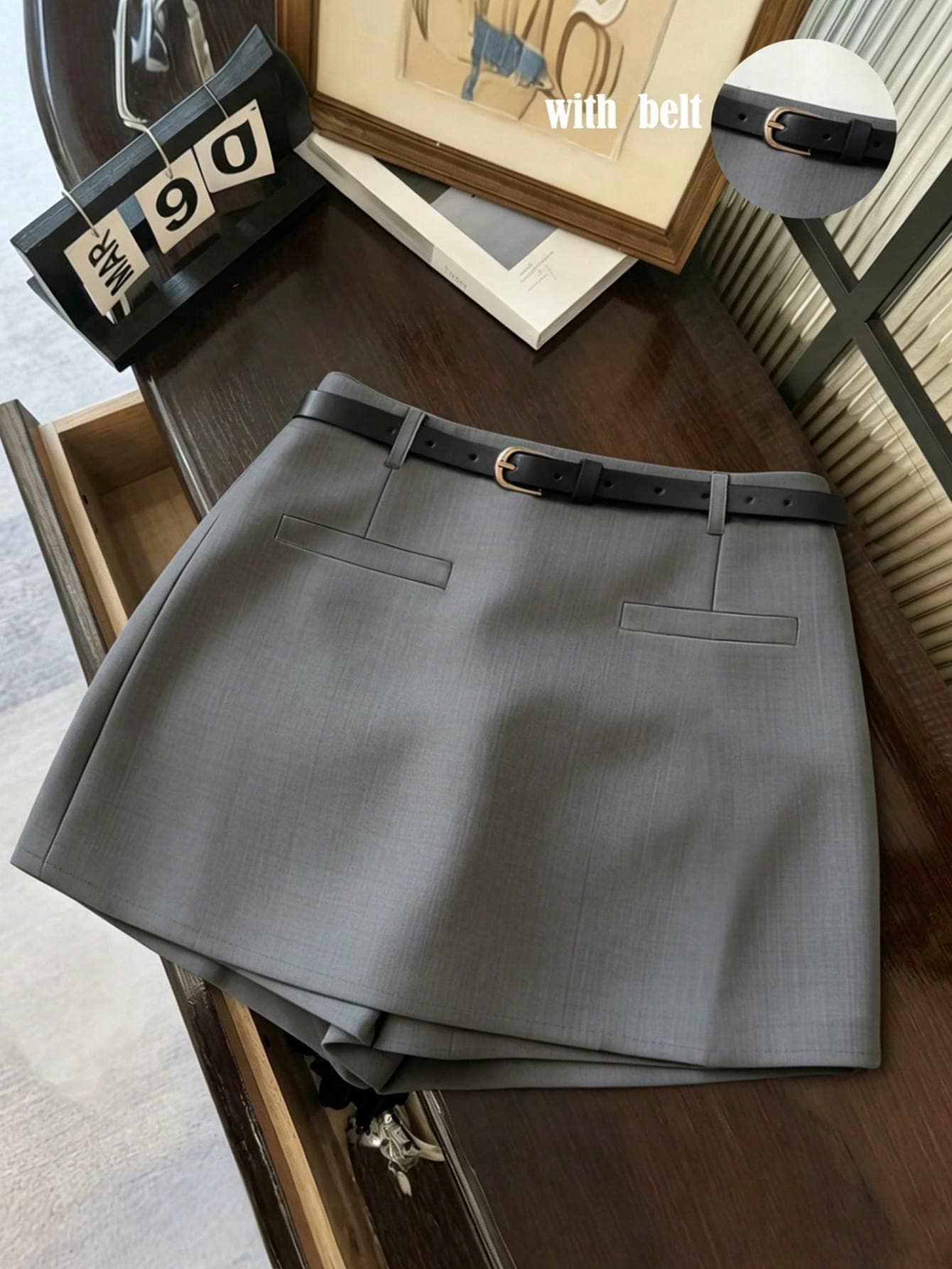 Franclia Women's Grey High Waist A-Line Mini Skort With Belt,Business Casual Office Summer Clothes,Textured Soft Fabric Asymmetric Hem Slit Fashion Skirts