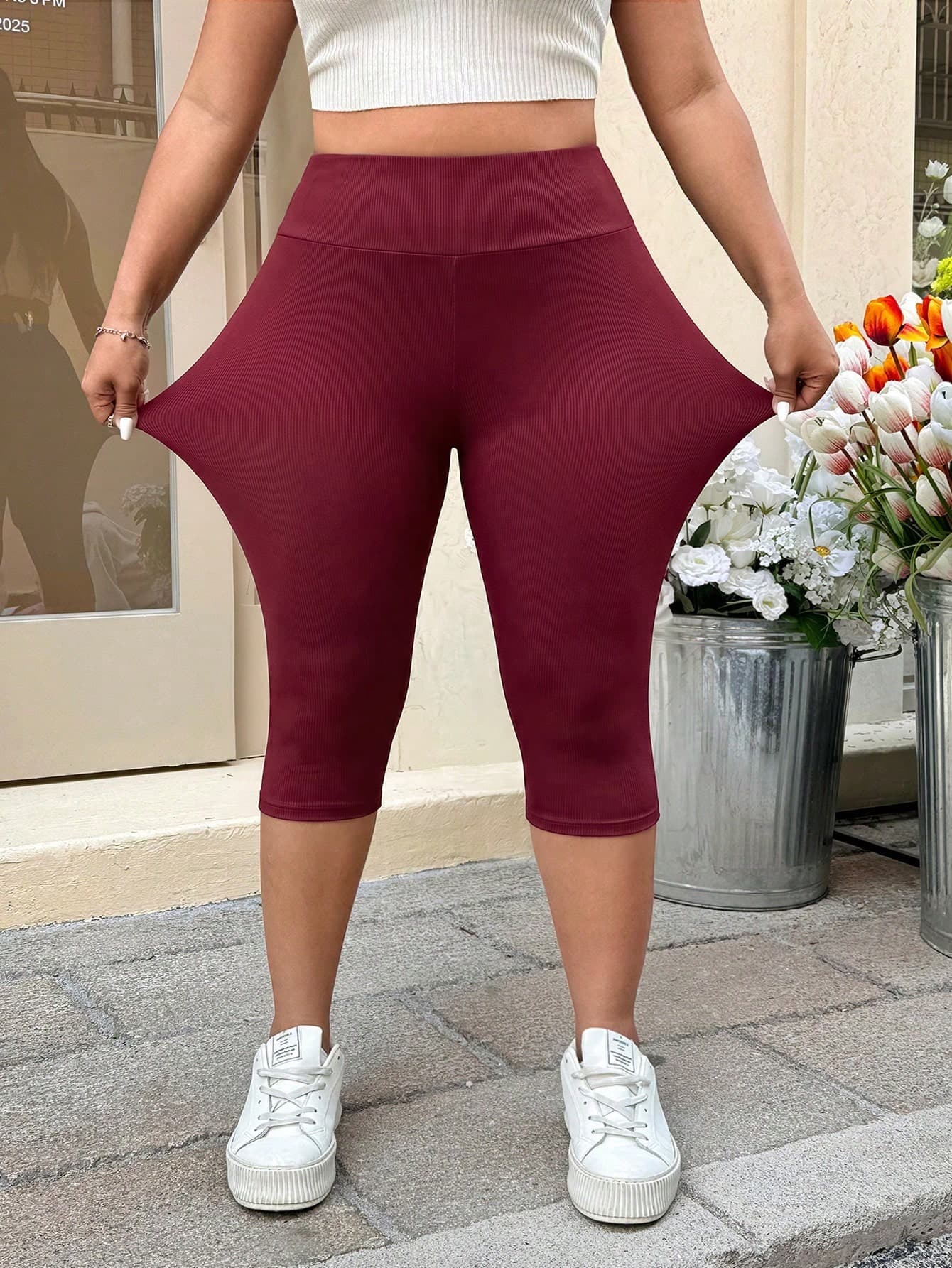 Muchica Burgundy Spring/Summer Vacation Style Tight 3/4 Length Plus Size Leggings Workout Casual