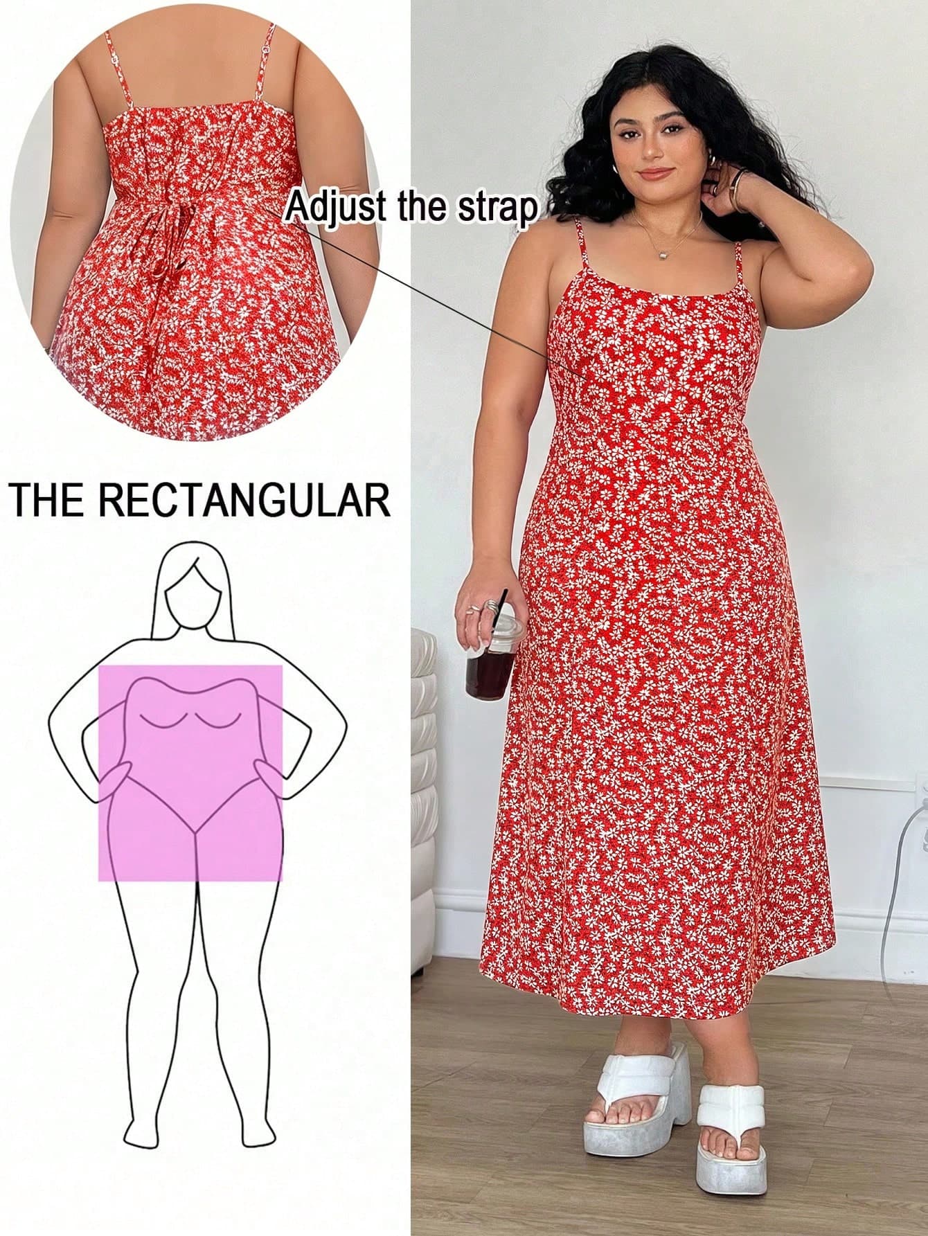 Solflare Plus Size Women's Red Ditsy Floral Strap Dress, Spring/Summer Vacation Outfit Boho